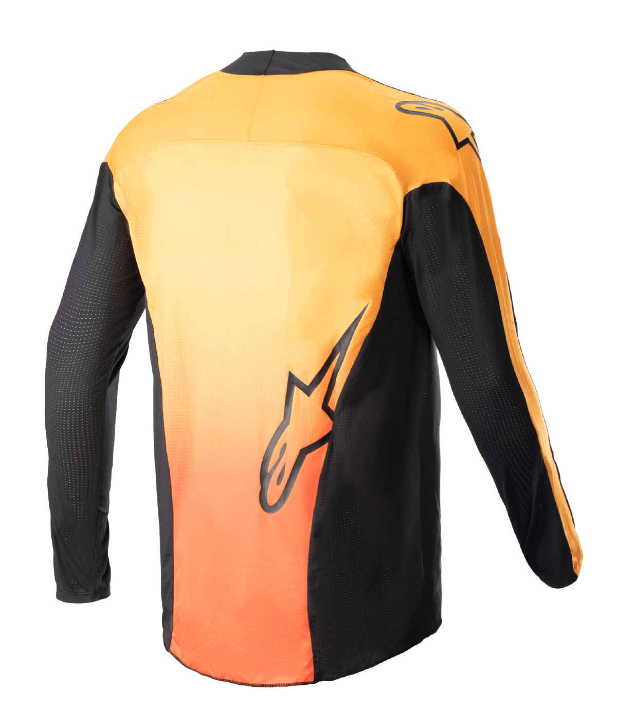 Alpinestars 2023 Techstar Sein Jersey, koszulka motocrossowa, czarna i jaskrawopomarańczowa, widok z tyłu przedstawiający jaskrawy pomarańczowy gradient na plecach, czarne panele boczne i rękawy, z logo Alpinestars na dole pleców i na ramieniu