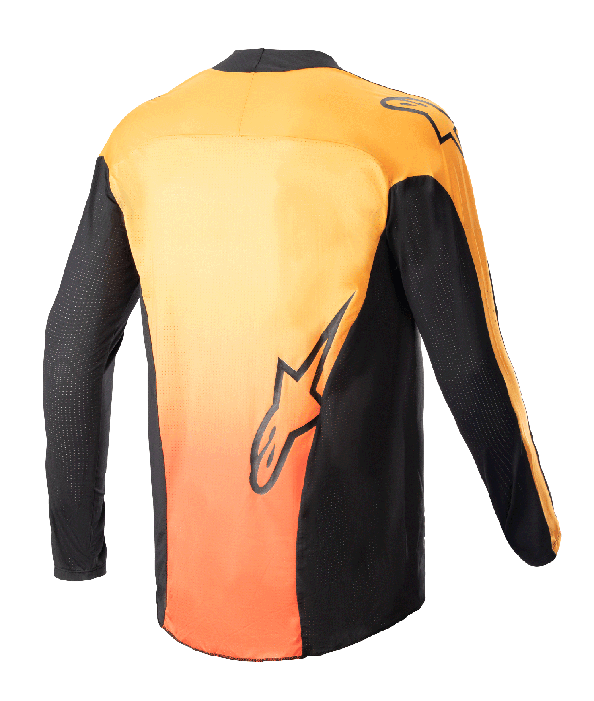 Alpinestars 2023 Techstar Sein Jersey, koszulka motocrossowa, czarna i jaskrawopomarańczowa, widok z tyłu przedstawiający jaskrawy pomarańczowy gradient na plecach, czarne panele boczne i rękawy, z logo Alpinestars na dole pleców i na ramieniu