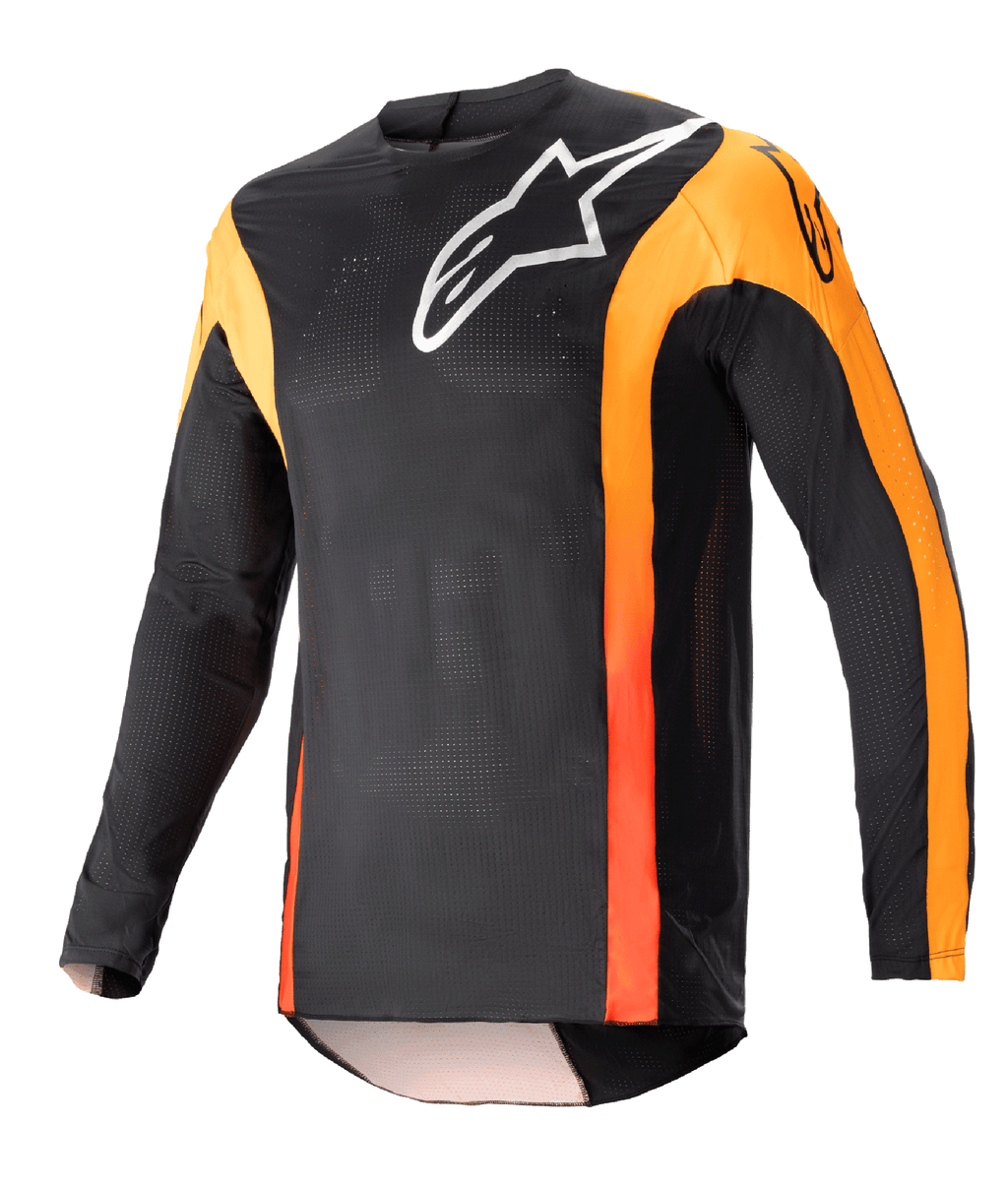 Alpinestars 2023 Techstar Sein Jersey, koszulka motocrossowa z długim rękawem, czarna z jaskrawopomarańczowymi akcentami, białe logo Alpinestars na klatce piersiowej, lekka i oddychająca tkanina siateczkowa, sportowy krój wyścigowy