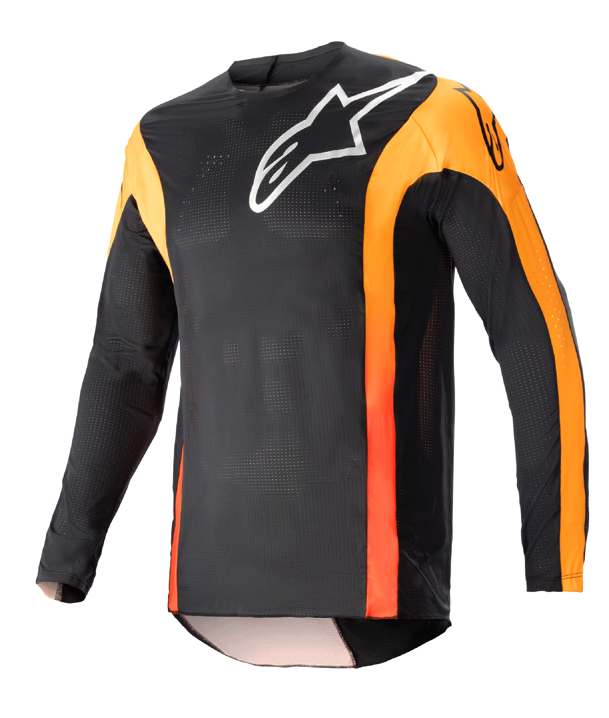 Alpinestars 2023 Techstar Sein Jersey, koszulka motocrossowa z długim rękawem, czarna z jaskrawopomarańczowymi akcentami, białe logo Alpinestars na klatce piersiowej, lekka i oddychająca tkanina siateczkowa, sportowy krój wyścigowy