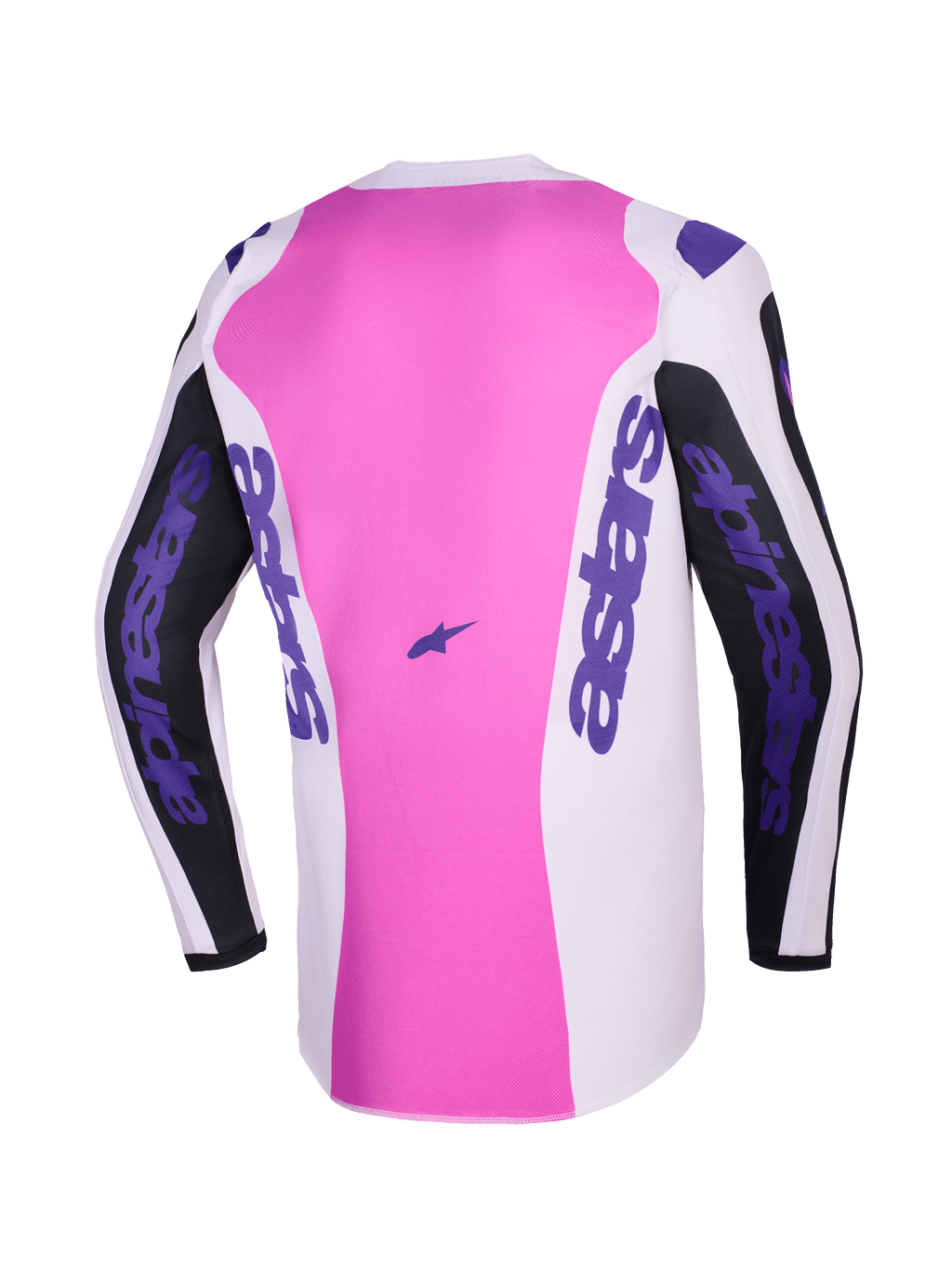 Alpinestars 2026 Fluid Grid Jersey, widok z tyłu, koszulka motocrossowa, czarna, jasnoszara i fioletowa, różowy panel środkowy z białymi i czarnymi sekcjami, fioletowe logo Alpinestars na rękawach i po bokach, konstrukcja z poliestru odprowadzającego wilgoć