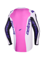 Alpinestars 2026 Fluid Grid Jersey, widok z tyłu, koszulka motocrossowa, czarna, jasnoszara i fioletowa, różowy panel środkowy z białymi i czarnymi sekcjami, fioletowe logo Alpinestars na rękawach i po bokach, konstrukcja z poliestru odprowadzającego wilgoć