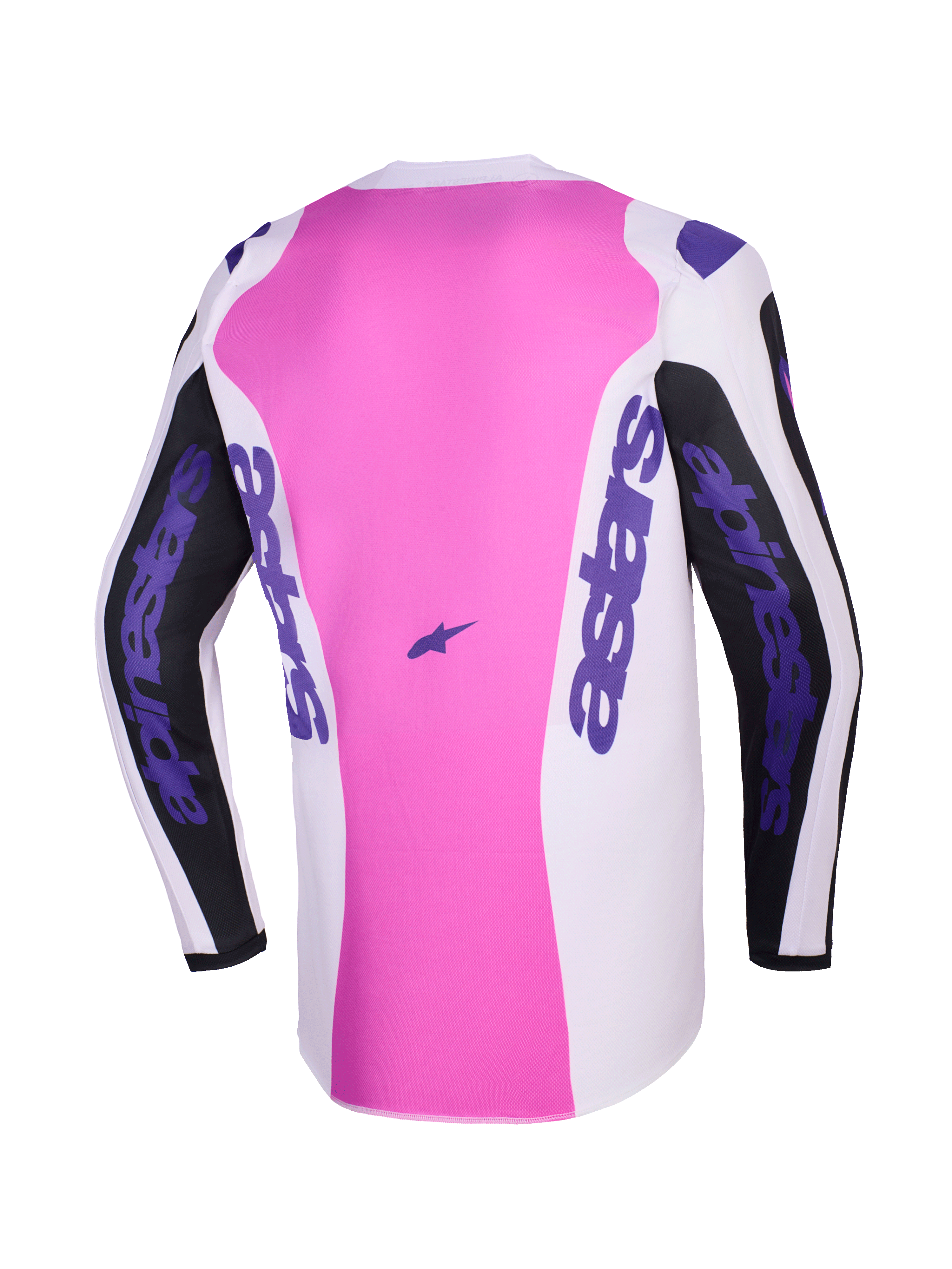 Alpinestars 2026 Fluid Grid Jersey, widok z tyłu, koszulka motocrossowa, czarna, jasnoszara i fioletowa, różowy panel środkowy z białymi i czarnymi sekcjami, fioletowe logo Alpinestars na rękawach i po bokach, konstrukcja z poliestru odprowadzającego wilgoć