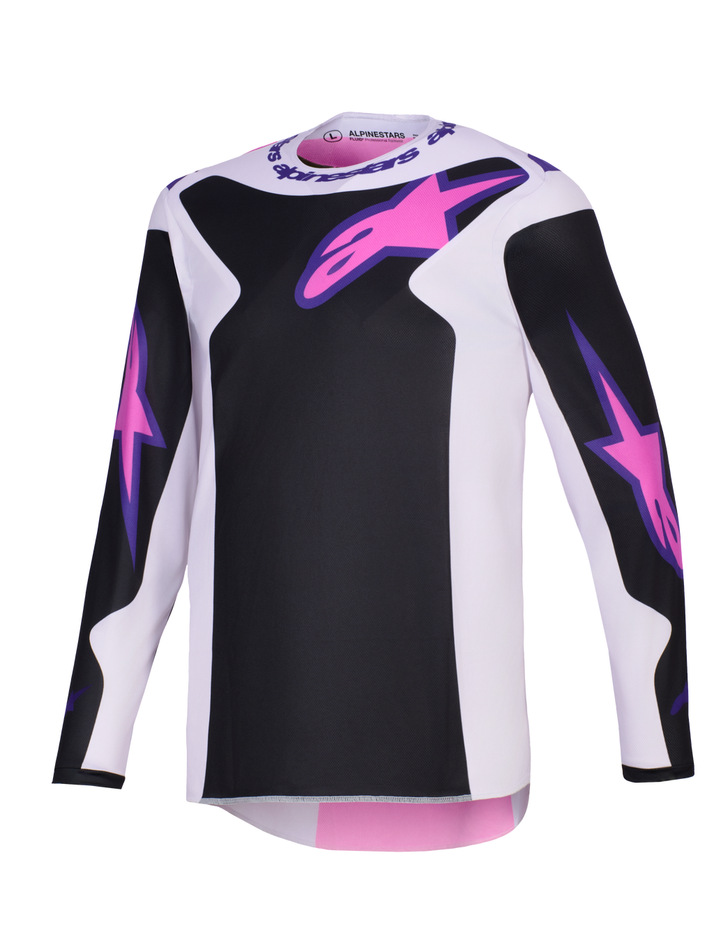 Alpinestars 2026 Fluid Grid Jersey, koszulka motocrossowa, czarna, jasnoszara i fioletowa, różowe logo Astars na klatce piersiowej i rękawach, czarne panele na jasnoszarej bazie, sportowy krój z długim rękawem do jazdy off-road