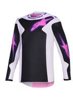 Alpinestars 2026 Fluid Grid Jersey, koszulka motocrossowa, czarna, jasnoszara i fioletowa, różowe logo Astars na klatce piersiowej i rękawach, czarne panele na jasnoszarej bazie, sportowy krój z długim rękawem do jazdy off-road