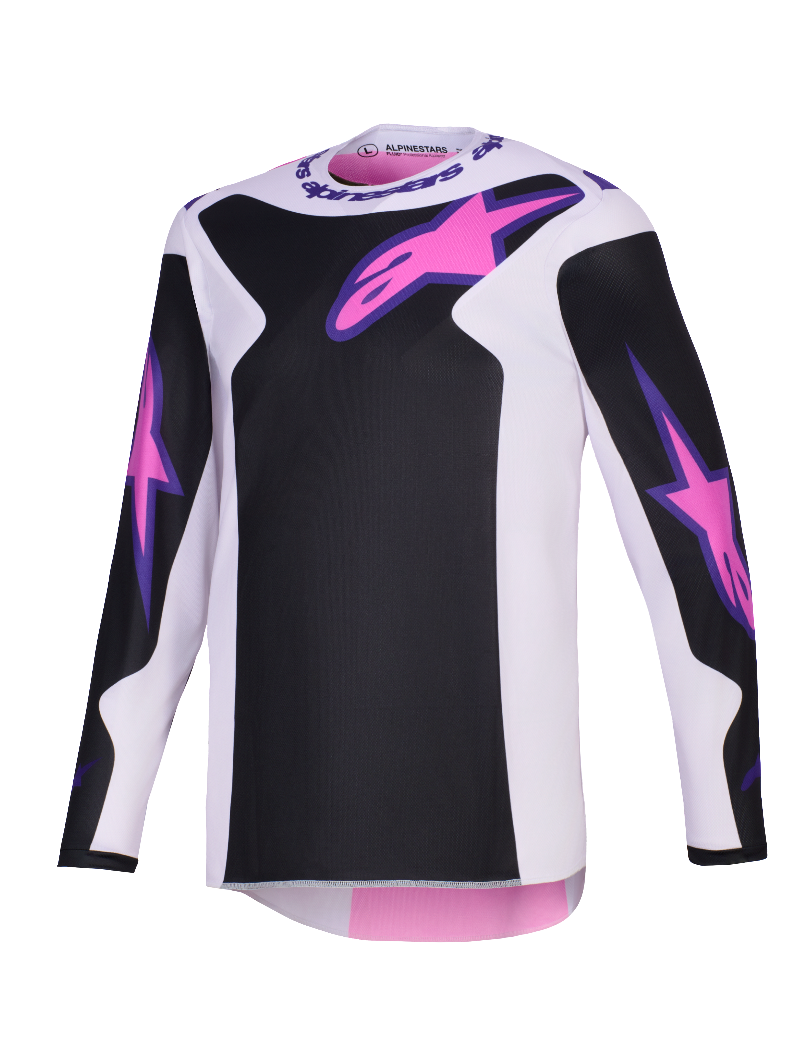 Alpinestars 2026 Fluid Grid Jersey, koszulka motocrossowa, czarna, jasnoszara i fioletowa, różowe logo Astars na klatce piersiowej i rękawach, czarne panele na jasnoszarej bazie, sportowy krój z długim rękawem do jazdy off-road