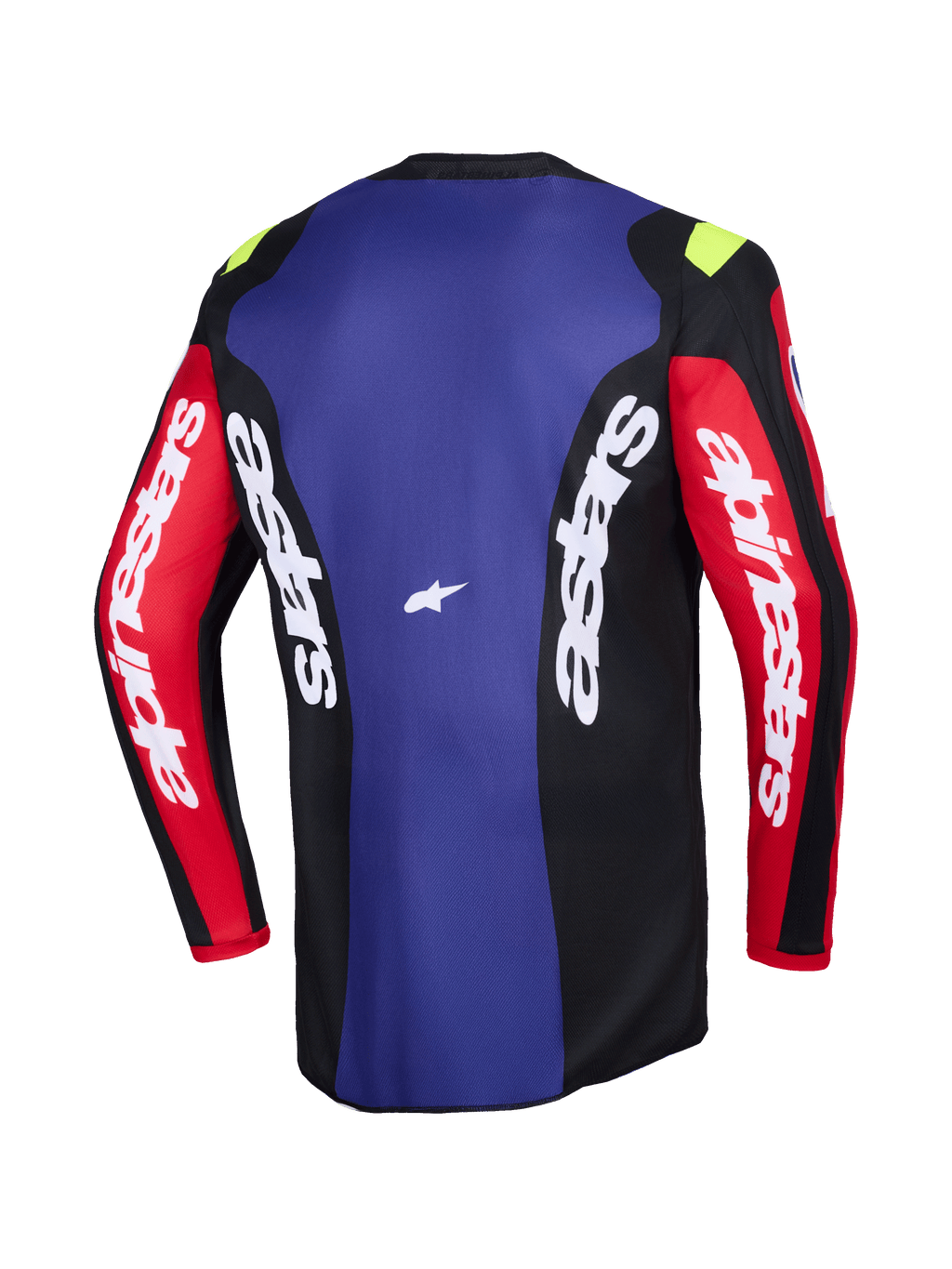 Alpinestars 2026 Fluid Grid Jersey, widok z tyłu, koszulka motocrossowa w kolorze czerwonym, czarnym i fioletowym, białe logo Alpinestars na rękawach i panelach bocznych, małe neonowo-żółte akcenty na ramionach, techniczna odzież off-road odprowadzająca wilgoć