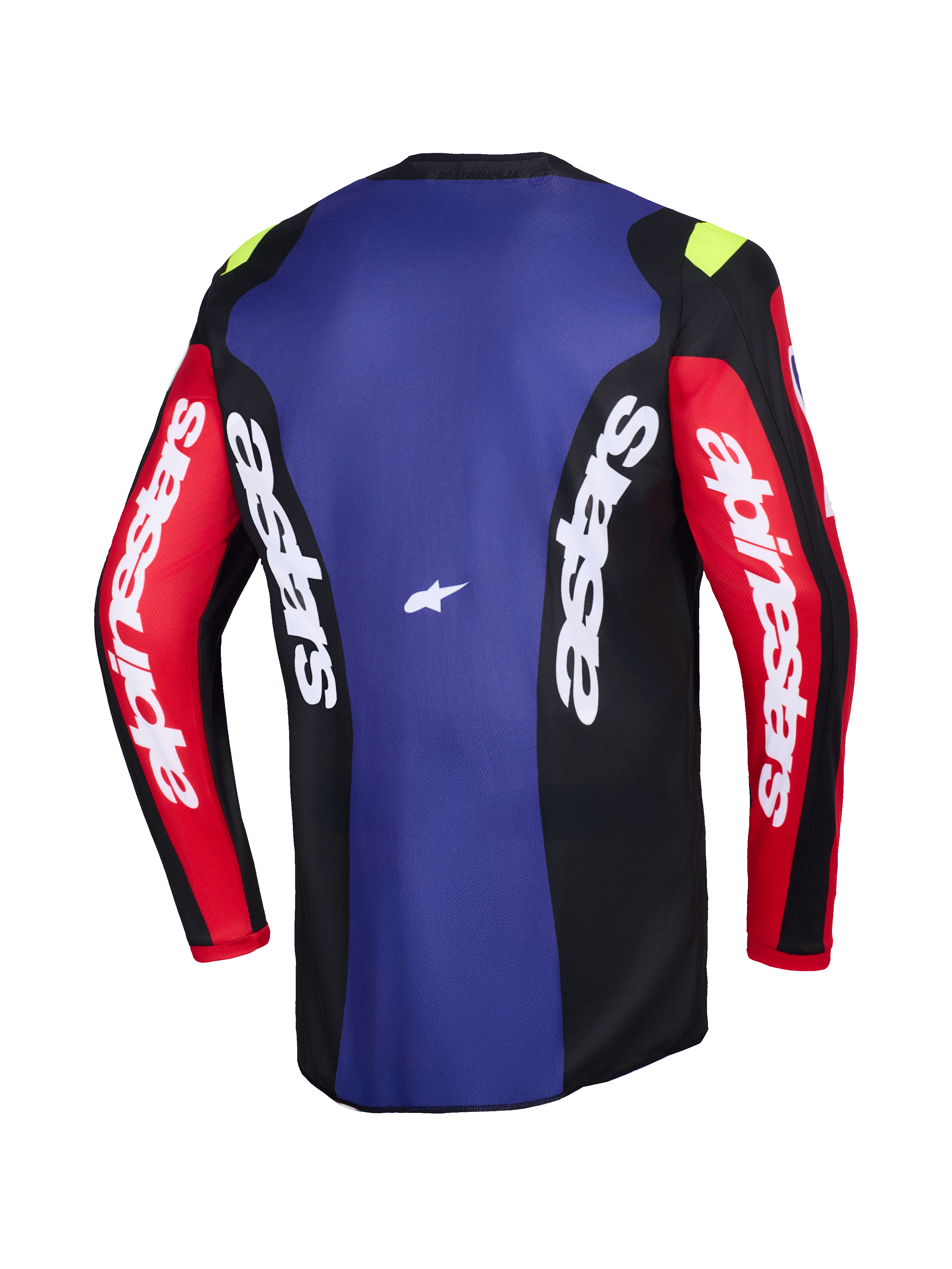 Alpinestars 2026 Fluid Grid Jersey, widok z tyłu, koszulka motocrossowa w kolorze czerwonym, czarnym i fioletowym, białe logo Alpinestars na rękawach i panelach bocznych, małe neonowo-żółte akcenty na ramionach, techniczna odzież off-road odprowadzająca wilgoć