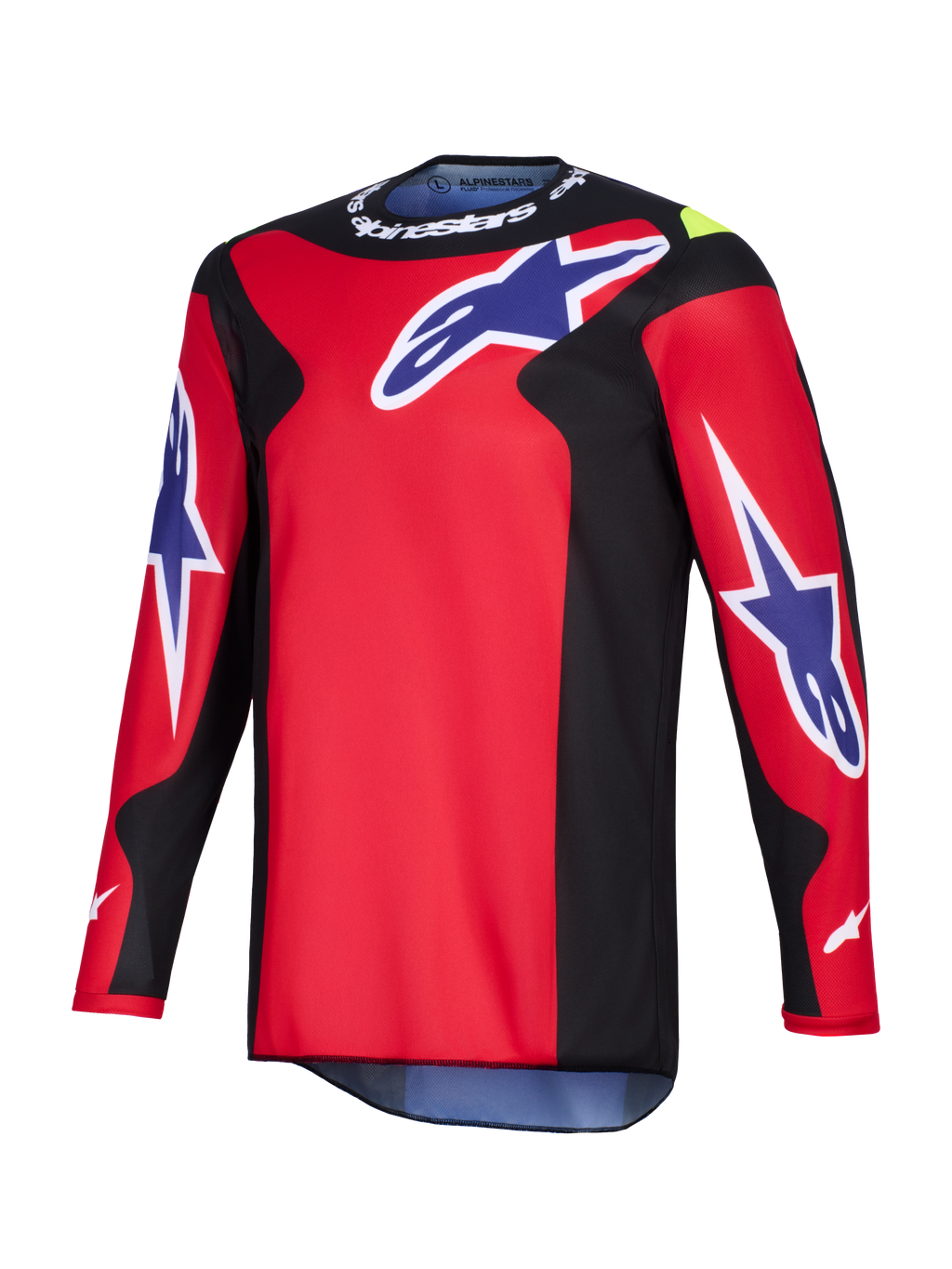 Alpinestars Fluid Grid Jersey 2026, koszulka motocrossowa, czerwona, czarna i fioletowa, duże fioletowe logo Astars na klatce piersiowej i rękawach, czarne panele boczne, biały napis Alpinestars na kołnierzyku, wytrzymała konstrukcja z poliestru