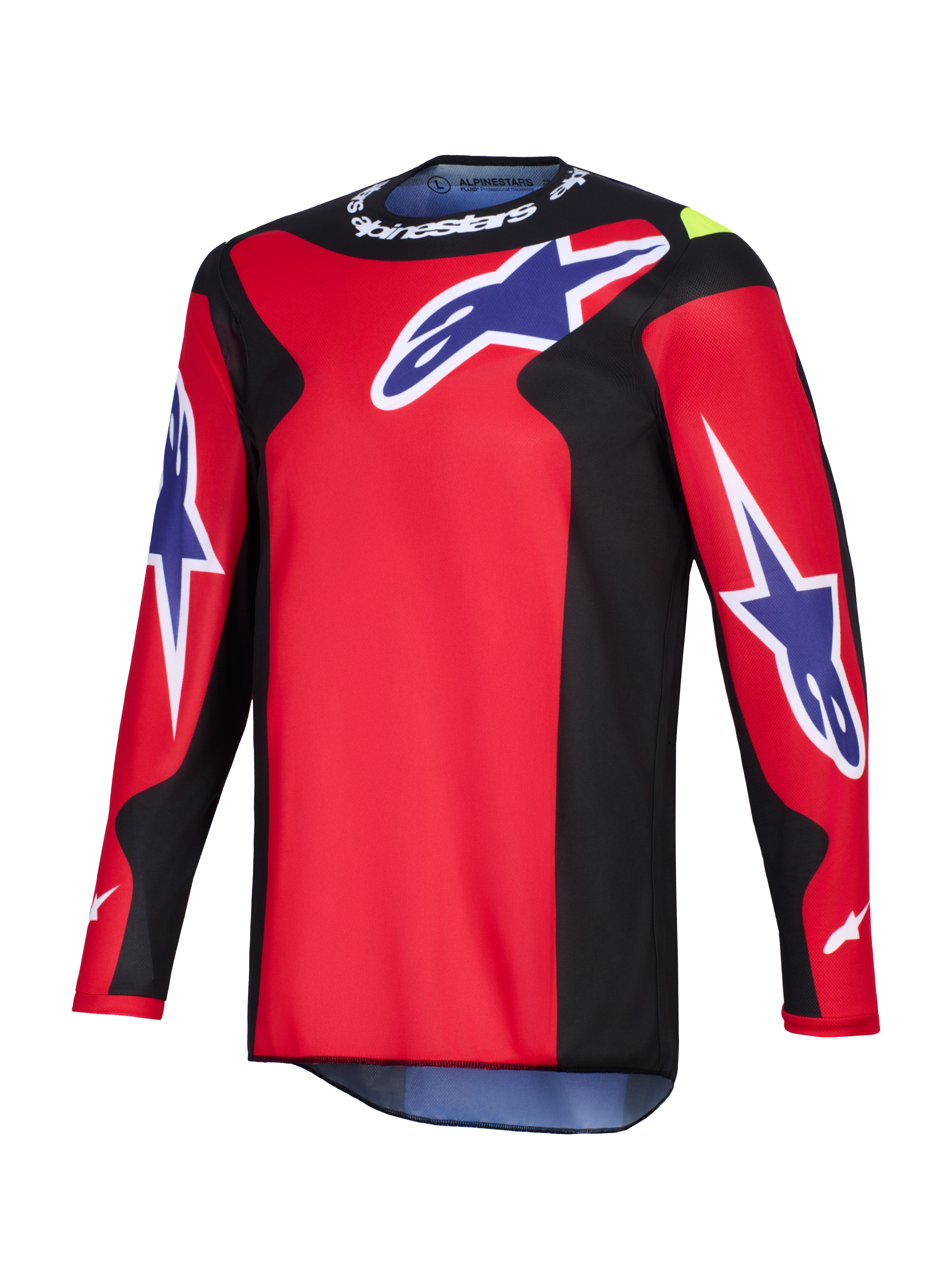 Alpinestars Fluid Grid Jersey 2026, koszulka motocrossowa, czerwona, czarna i fioletowa, duże fioletowe logo Astars na klatce piersiowej i rękawach, czarne panele boczne, biały napis Alpinestars na kołnierzyku, wytrzymała konstrukcja z poliestru