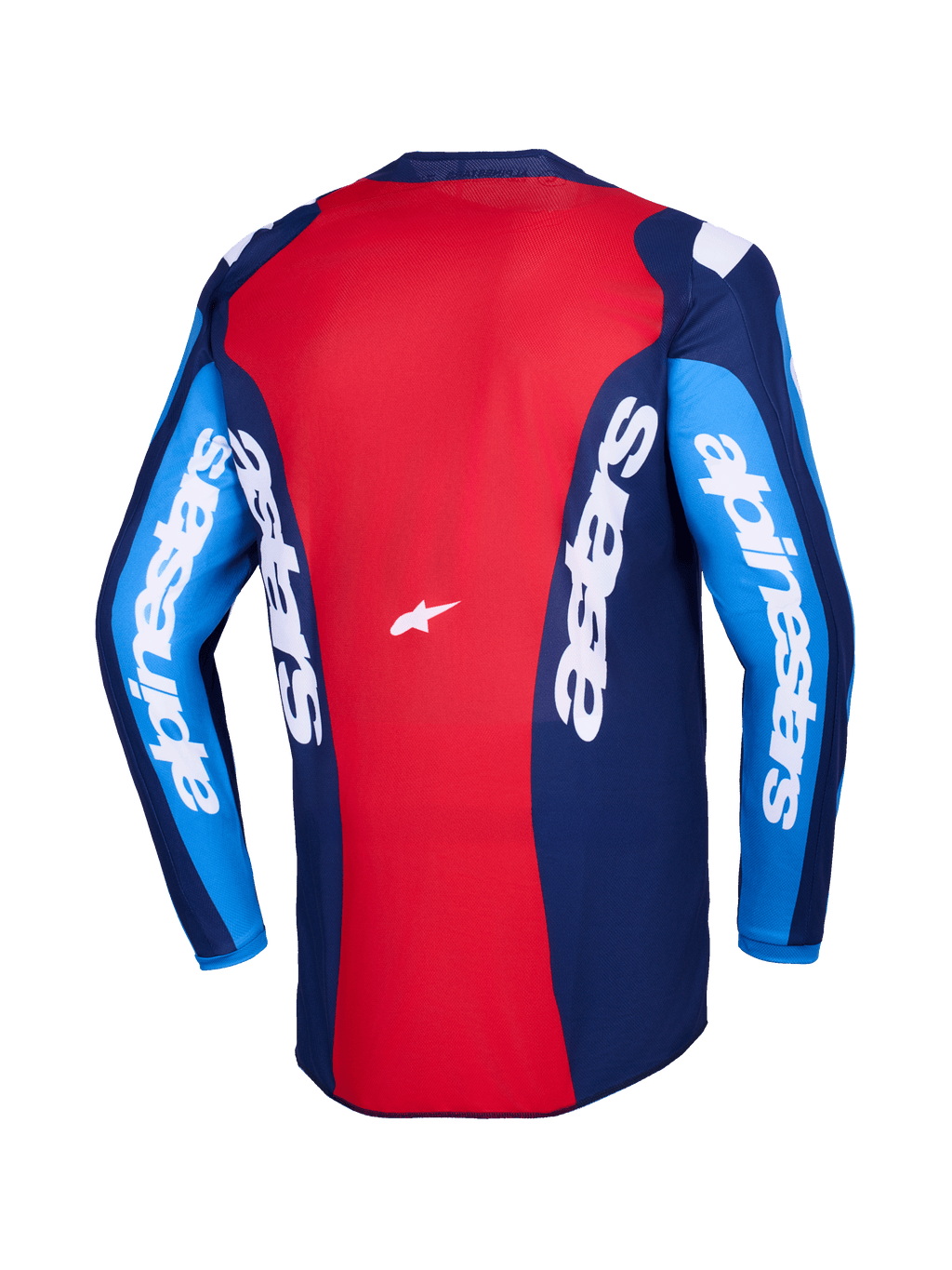 Alpinestars 2026 Fluid Grid Jersey, widok z tyłu, czerwono-niebieska koszulka motocrossowa, wyraźne białe logo Alpinestars na rękawach i plecach, lekka poliestrowa konstrukcja do jazdy terenowej