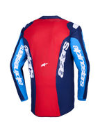 Alpinestars 2026 Fluid Grid Jersey, widok z tyłu, czerwono-niebieska koszulka motocrossowa, wyraźne białe logo Alpinestars na rękawach i plecach, lekka poliestrowa konstrukcja do jazdy terenowej