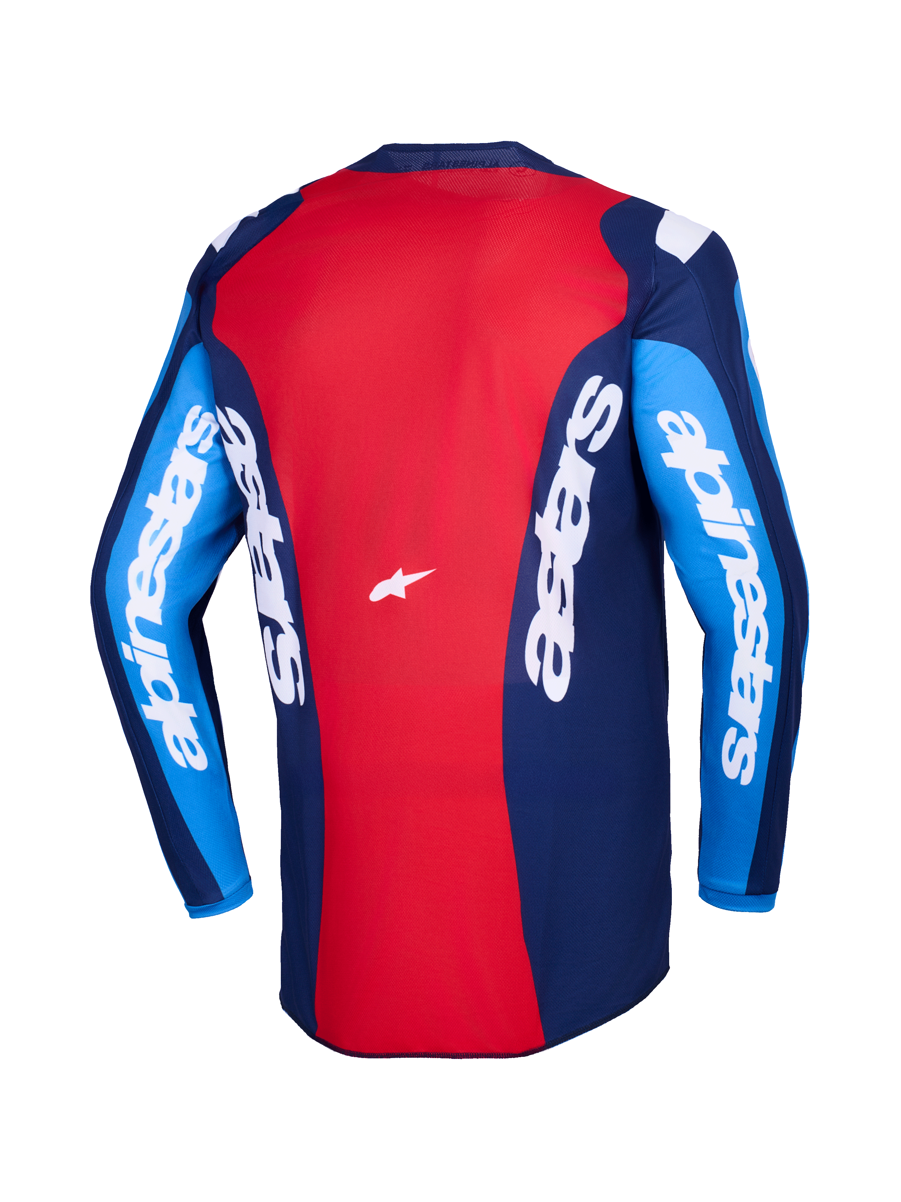 Alpinestars 2026 Fluid Grid Jersey, widok z tyłu, czerwono-niebieska koszulka motocrossowa, wyraźne białe logo Alpinestars na rękawach i plecach, lekka poliestrowa konstrukcja do jazdy terenowej