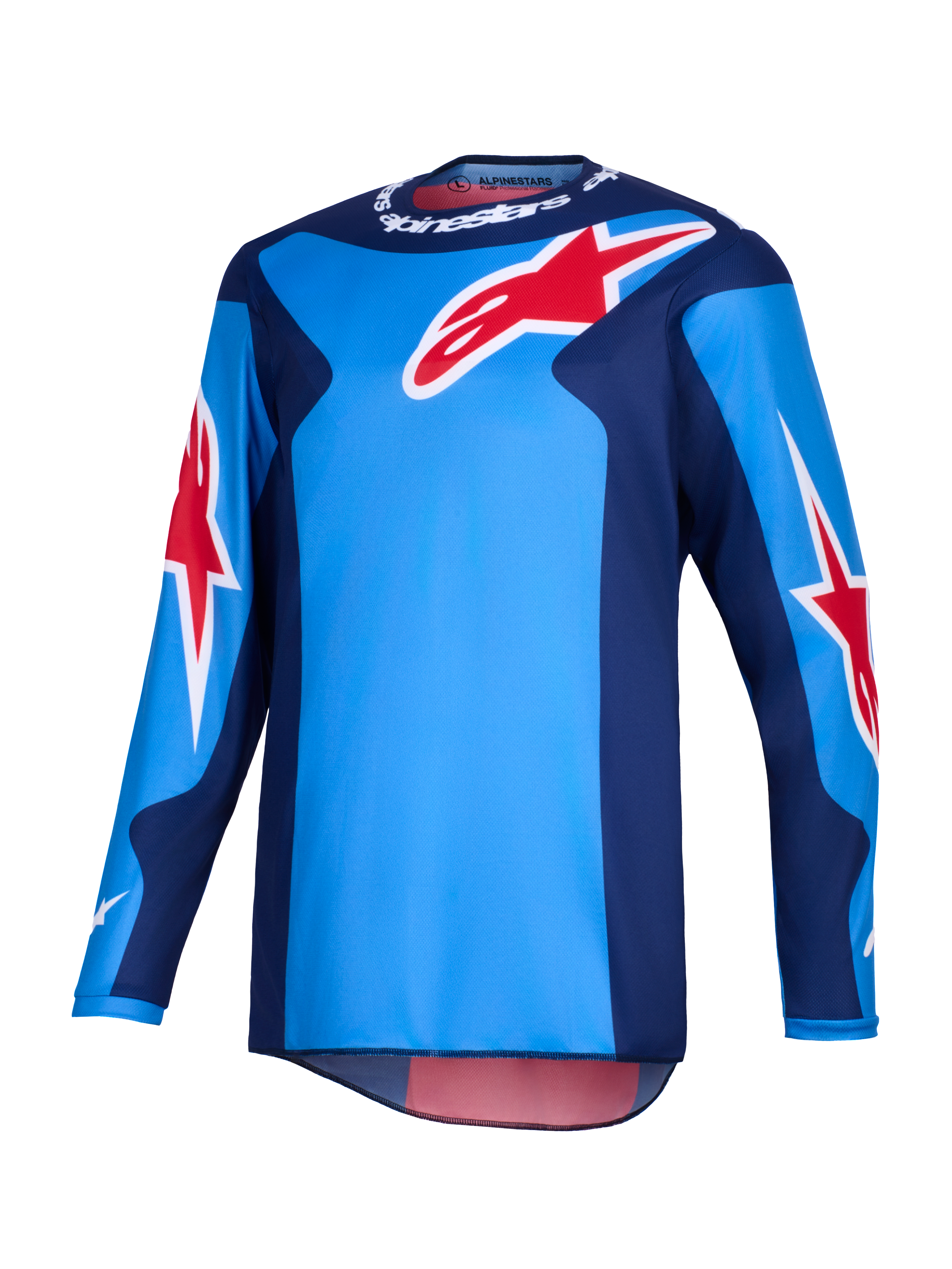 Alpinestars 2026 Fluid Grid Jersey, koszulka motocrossowa, niebiesko-czerwona, duże czerwone logotypy gwiazdy Alpinestars, ciemnoniebieskie panele boczne, lekka konstrukcja z tkaniny poliestrowej z przedłużonym tyłem do jazdy terenowej