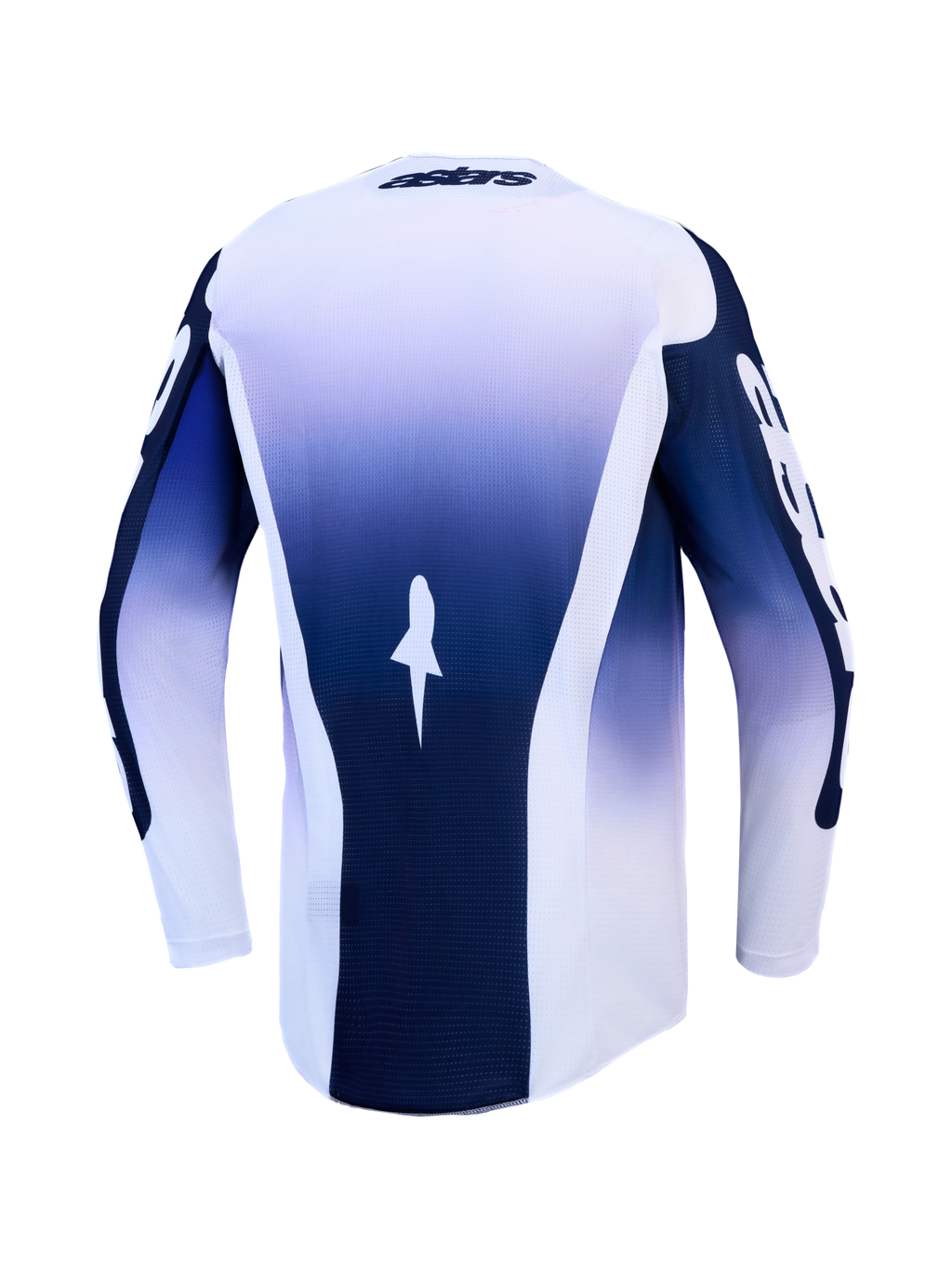 Alpinestars Racer Air Amber Jersey, niebieska i biała koszulka motocrossowa, lekka wentylowana konstrukcja z siatki, widok z tyłu z wydłużonym dołem
