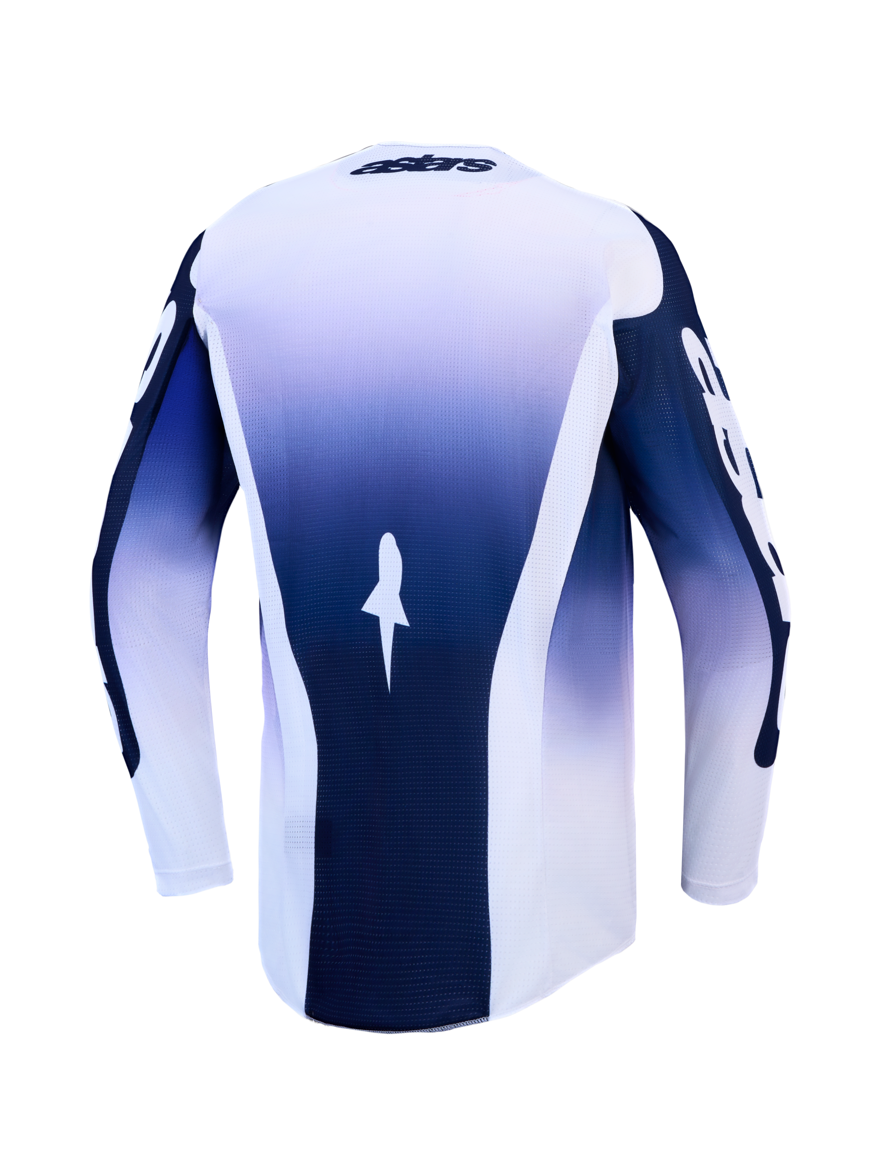 Koszulka Alpinestars Racer Air Amber, niebiesko-biała koszulka motocrossowa, widok z tyłu, oddychająca siatka, przedłużony tył