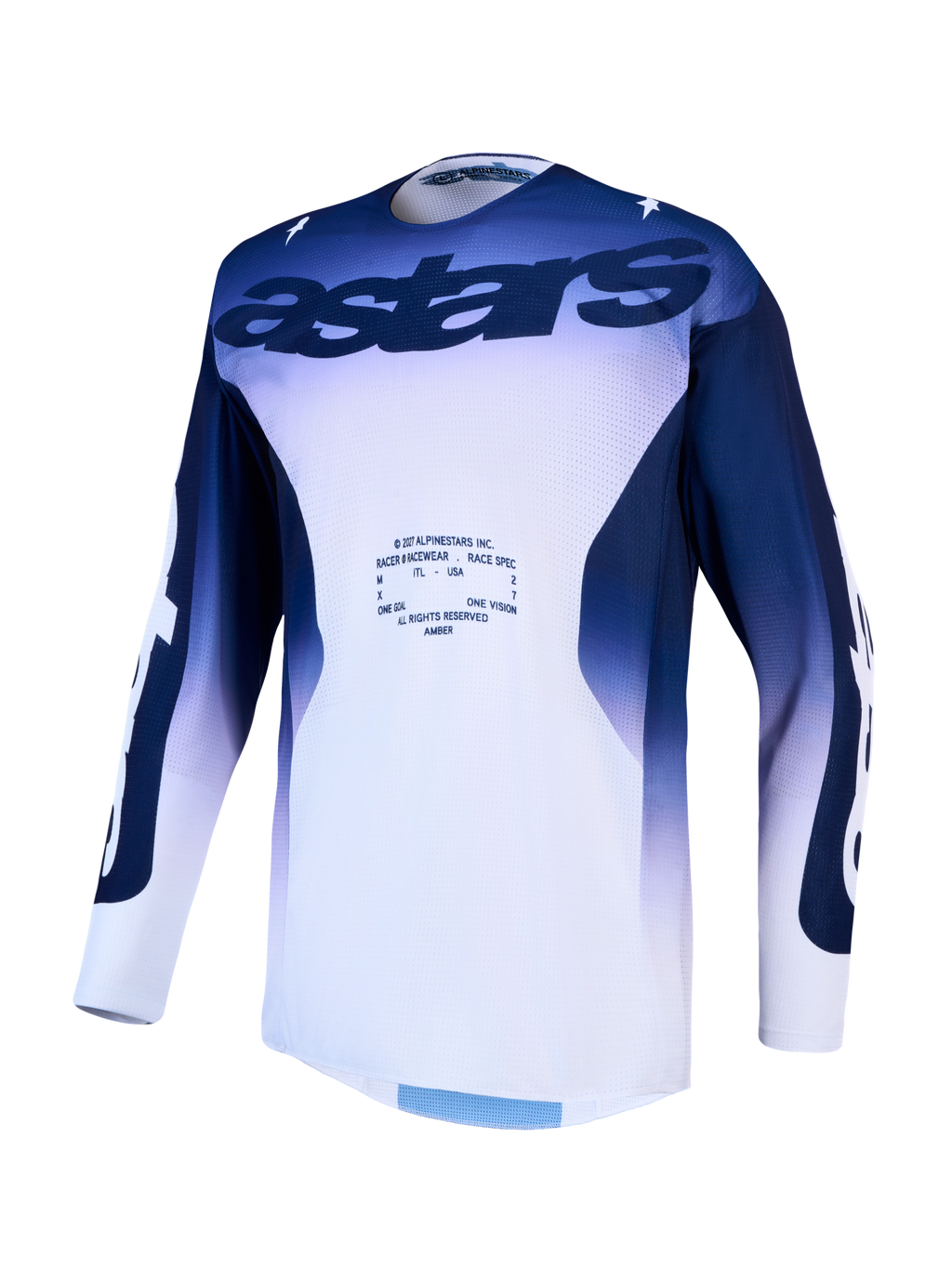 Alpinestars koszulka Racer Air Amber, męska koszulka motocrossowa, niebieska i biała, wentylowana siatka mesh zapewniająca przepływ powietrza.
