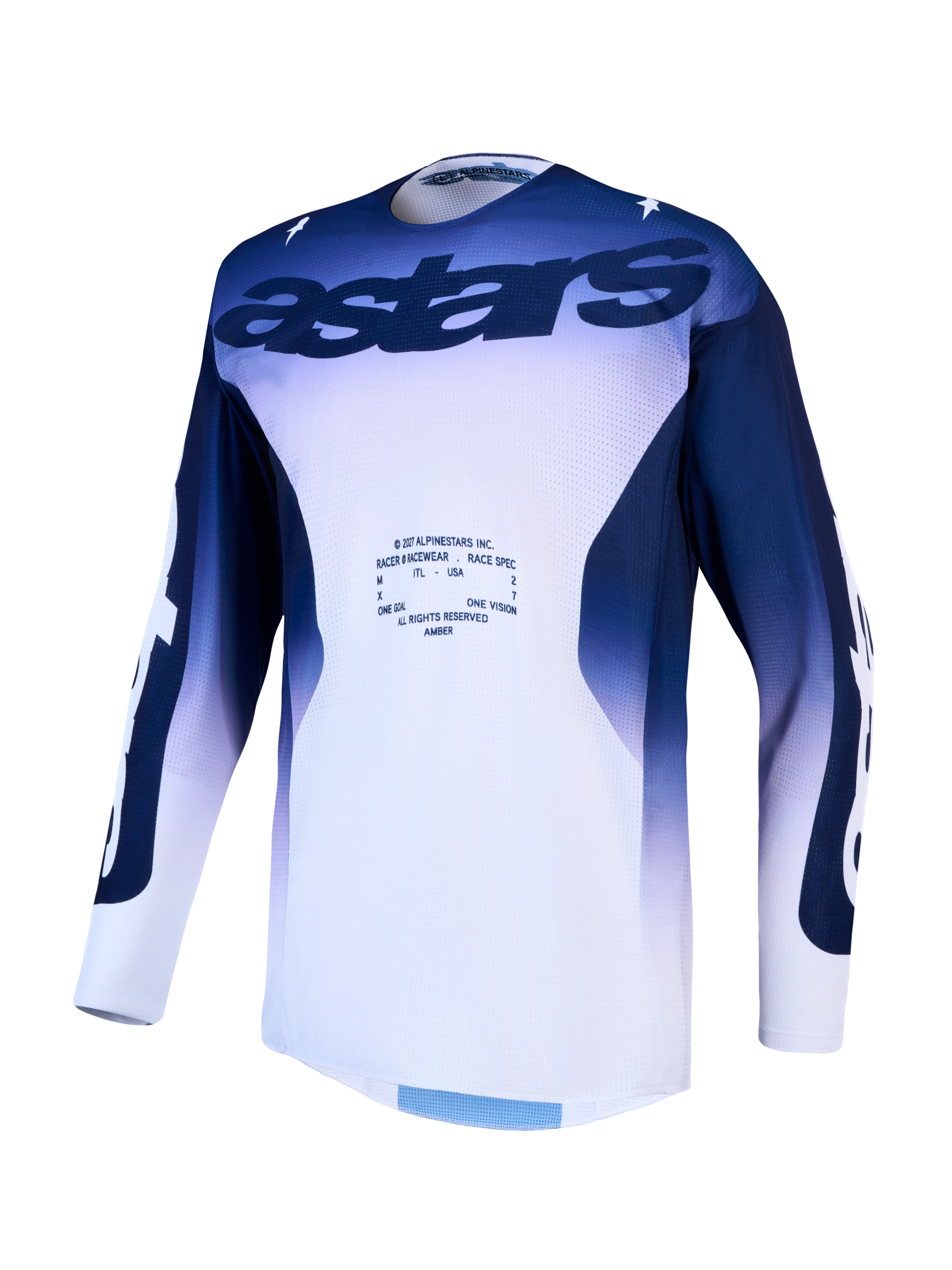 Alpinestars koszulka Racer Air Amber, męska koszulka motocrossowa, niebieska i biała, wentylowana siatka mesh zapewniająca przepływ powietrza.