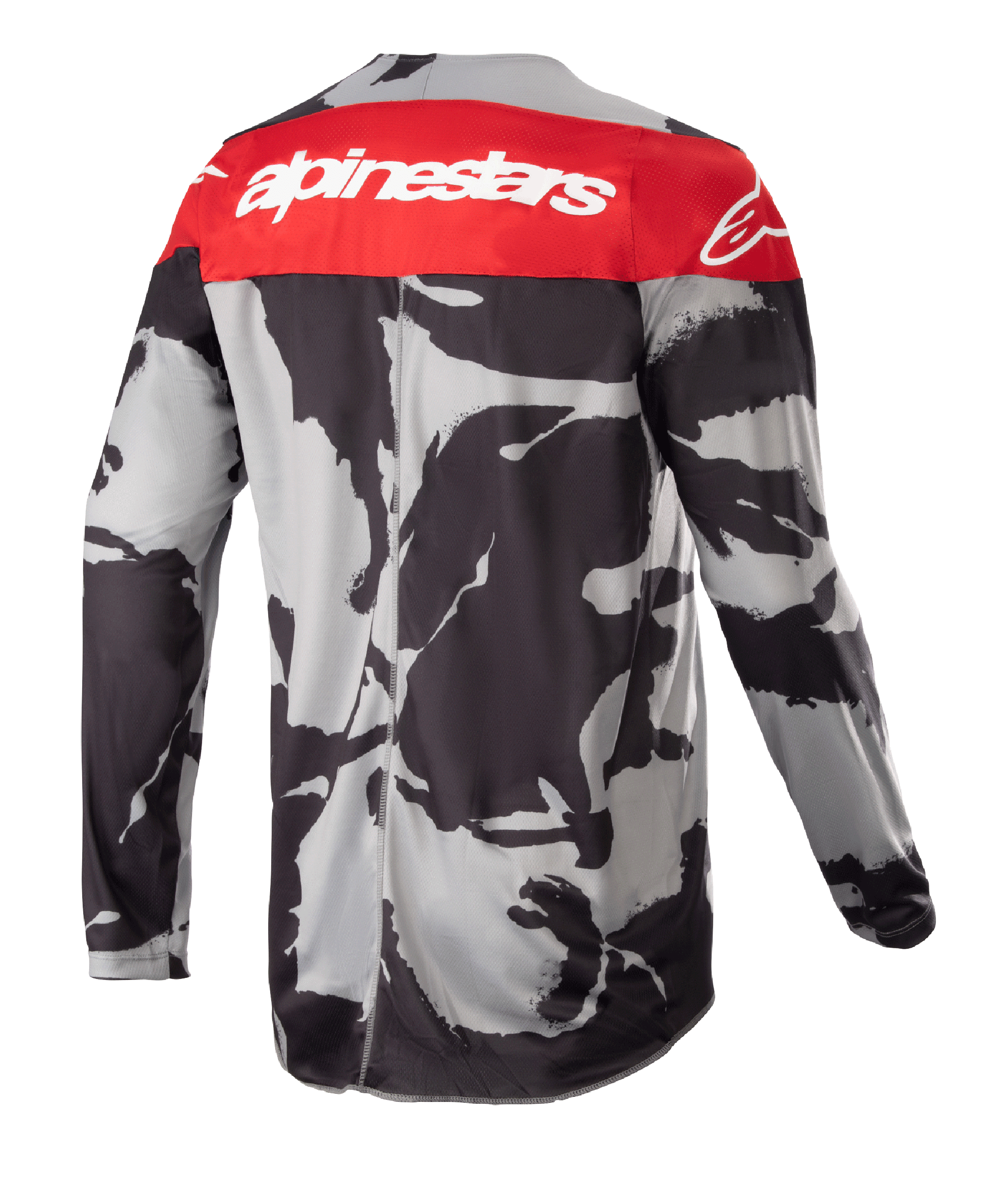 Alpinestars 2023 Racer Tactical Jersey, koszulka motocrossowa, Cast Gray Camo i Mars Red, widok z tyłu z czerwonym górnym panelem, białym logo Alpinestars i szaro-czarnym wzorem kamuflażu, lekka odzież wyczynowa off-road