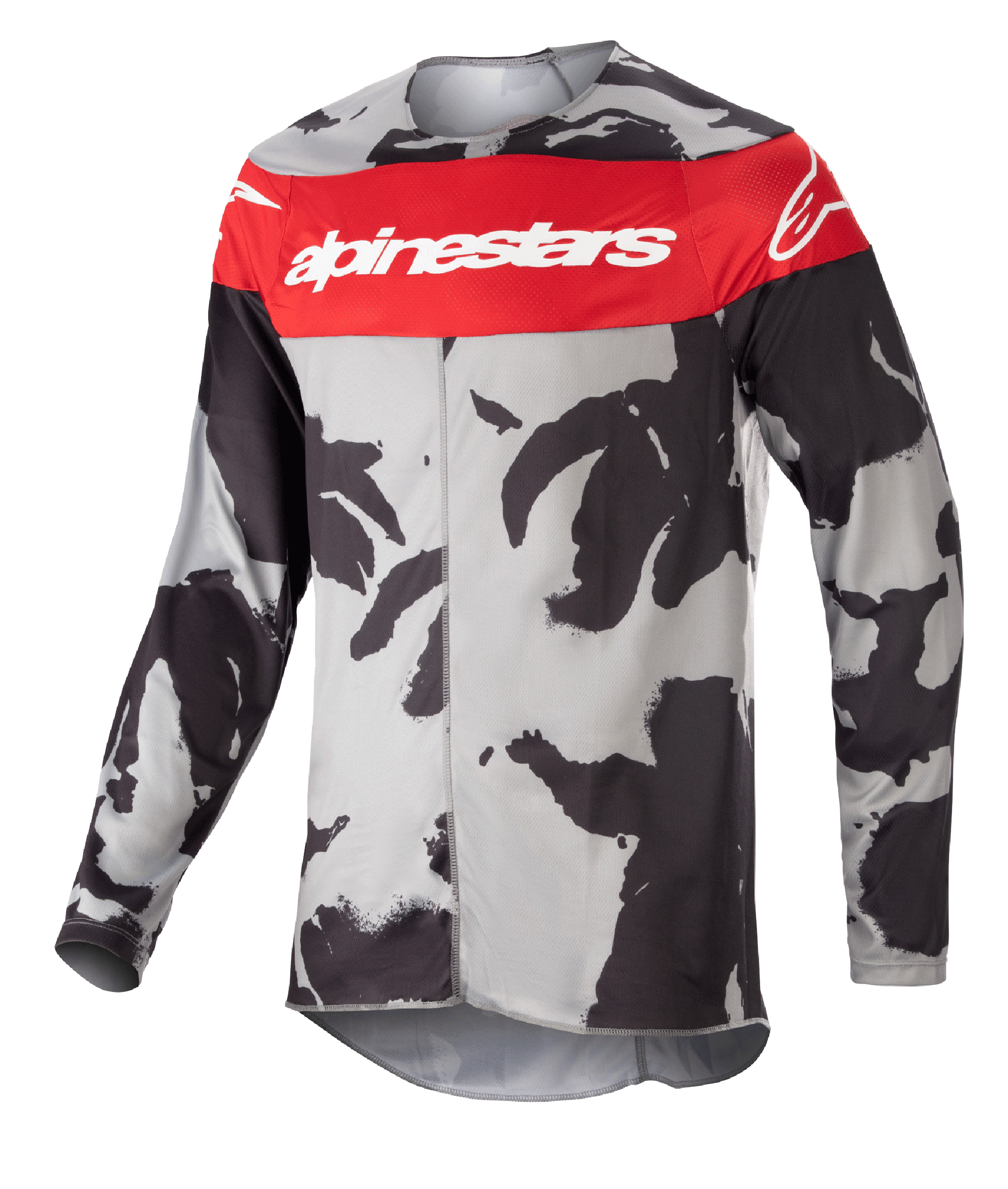 Koszulka Alpinestars Racer Tactical 2023, koszulka motocrossowa, barwy Cast Gray Camo i Mars Red, wyraźny czerwony pas na piersi z białym brandingiem Alpinestars, czarno-szary wzór kamuflażu, techniczna odzież z długim rękawem do jazdy terenowej