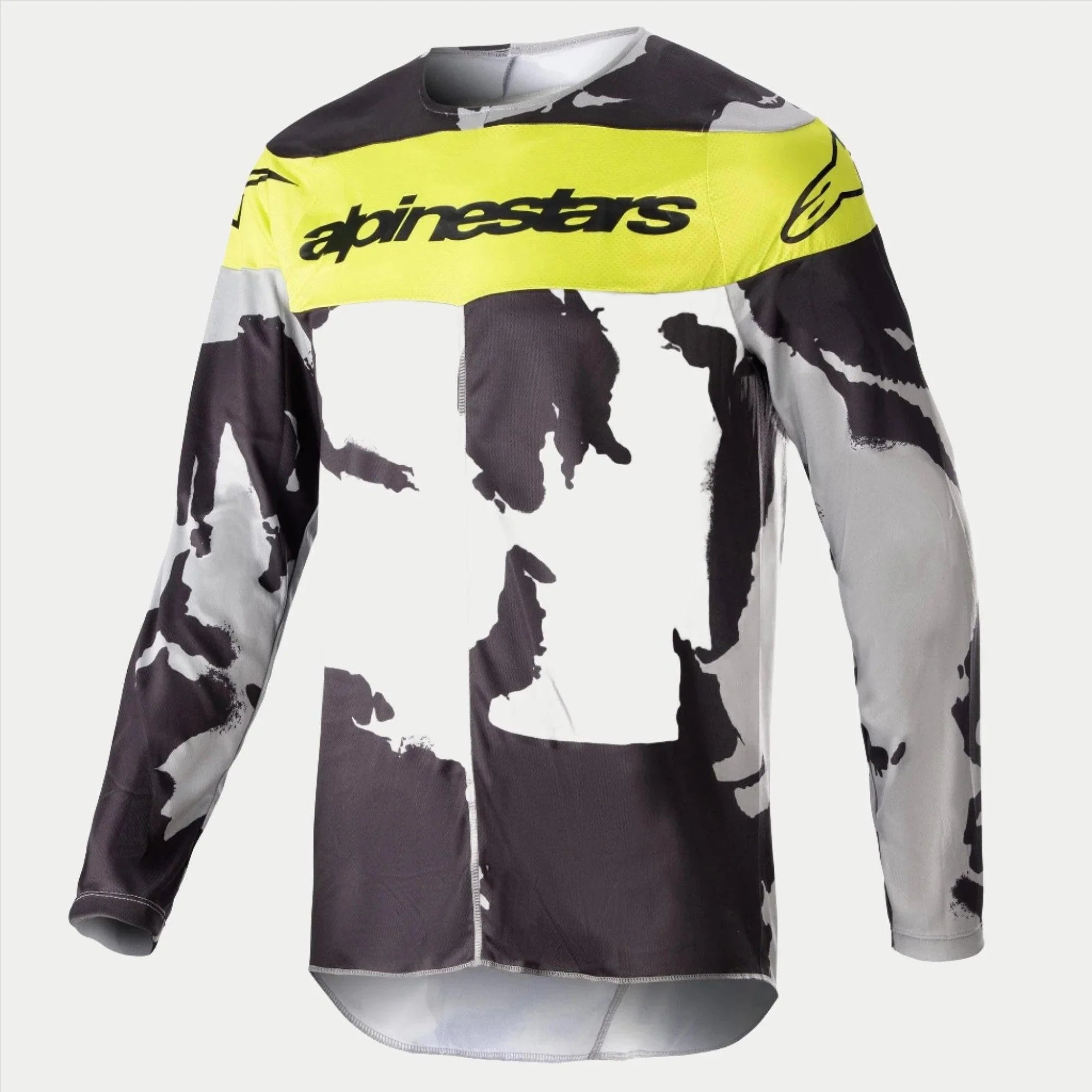 Alpinestars 2023 Racer Tactical Jersey, koszulka motocrossowa, szary kamuflaż i żółty fluorescencyjny, szaro-czarny wzór moro z jaskrawożółtym panelem na piersi i logo Alpinestars, wytrzymała odzież wyczynowa z długim rękawem do jazdy off-road