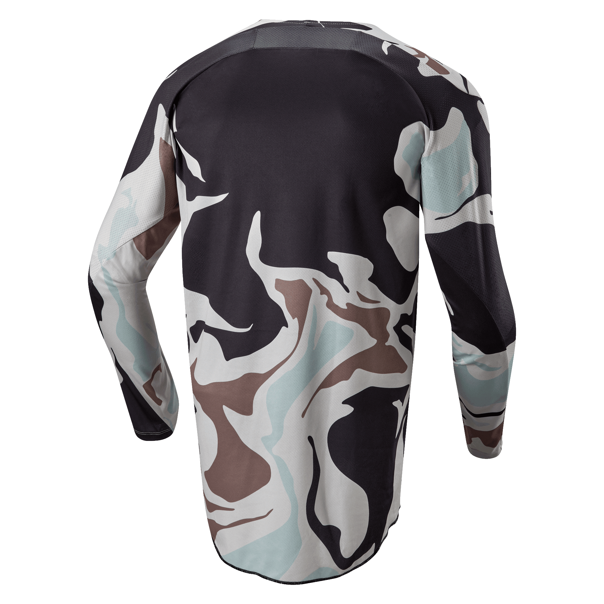 Alpinestars 2024 Racer Tactical Jersey, Iron Camo Dust Gray, widok z tyłu koszulki motocrossowej z długim rękawem, wzór kamuflażu w kolorach szarym, czarnym, jasnoniebieskim i beżowym, wydłużony tył dla lepszej osłony.