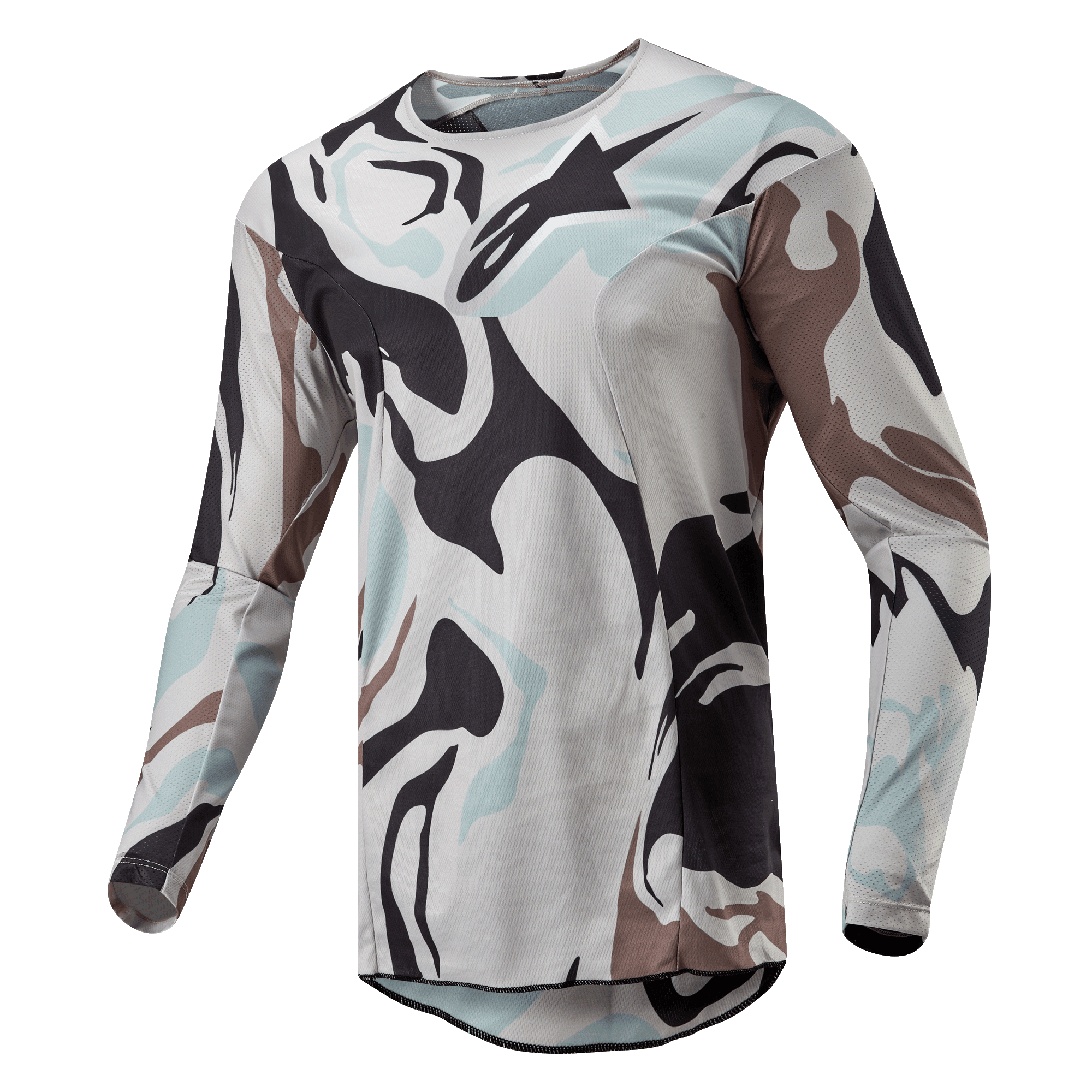 Alpinestars 2024 Racer Tactical Jersey, koszulka motocrossowa, Iron Camo Dust Gray, z wyrazistym wzorem kamuflażu w odcieniach jasnej szarości, ciemnej szarości i bladego błękitu, lekka konstrukcja poliestrowa z oddychającymi wstawkami z siatki, ergonomiczny sportowy krój