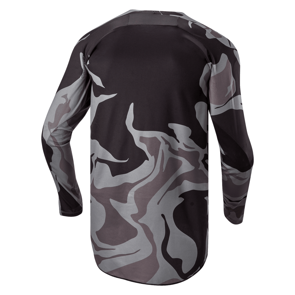 Alpinestars 2024 Racer Tactical Jersey, koszulka motocrossowa, Cast Gray Camo Magnet, widok z tyłu pokazujący szaro-czarny wzór kamuflażu, oddychający materiał oraz przedłużony tył zapewniający osłonę