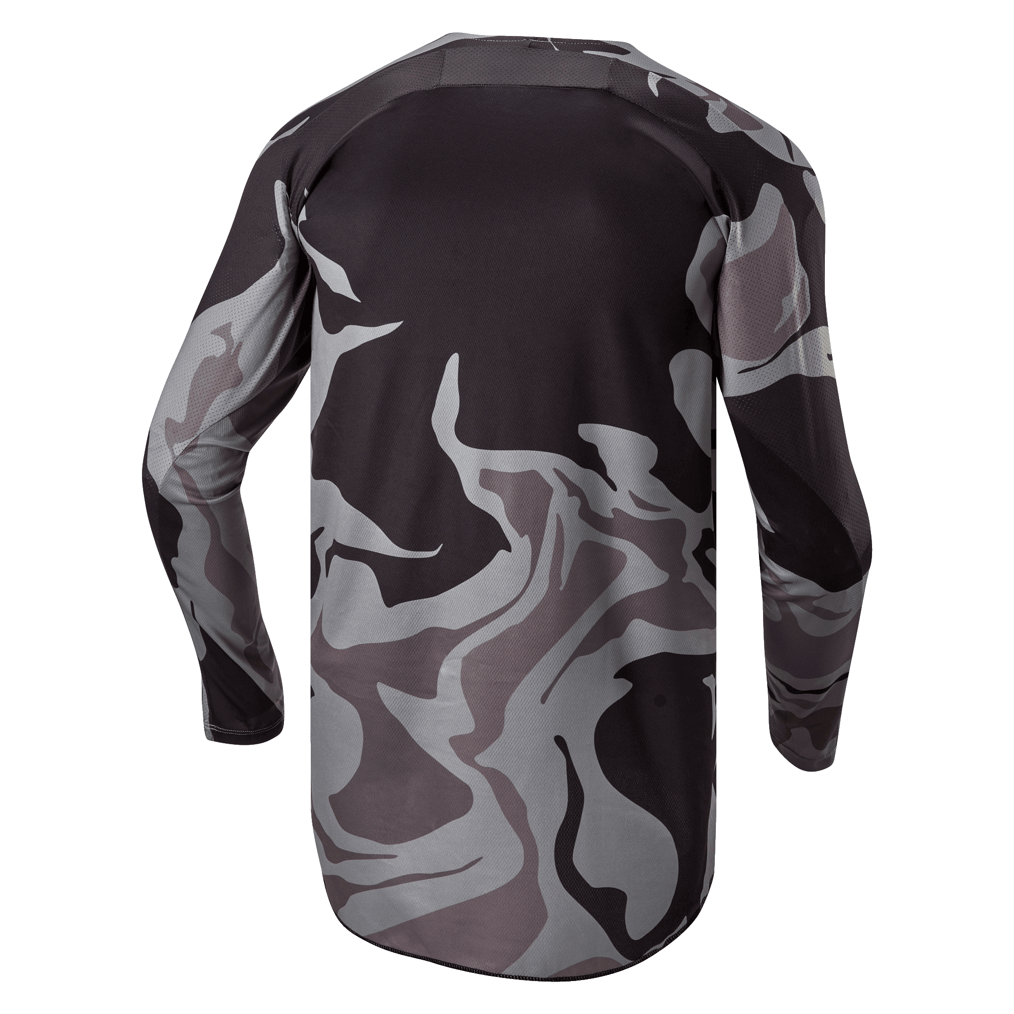 Alpinestars 2024 Racer Tactical Jersey, koszulka motocrossowa, Cast Gray Camo Magnet, widok z tyłu pokazujący szaro-czarny wzór kamuflażu, oddychający materiał oraz przedłużony tył zapewniający osłonę