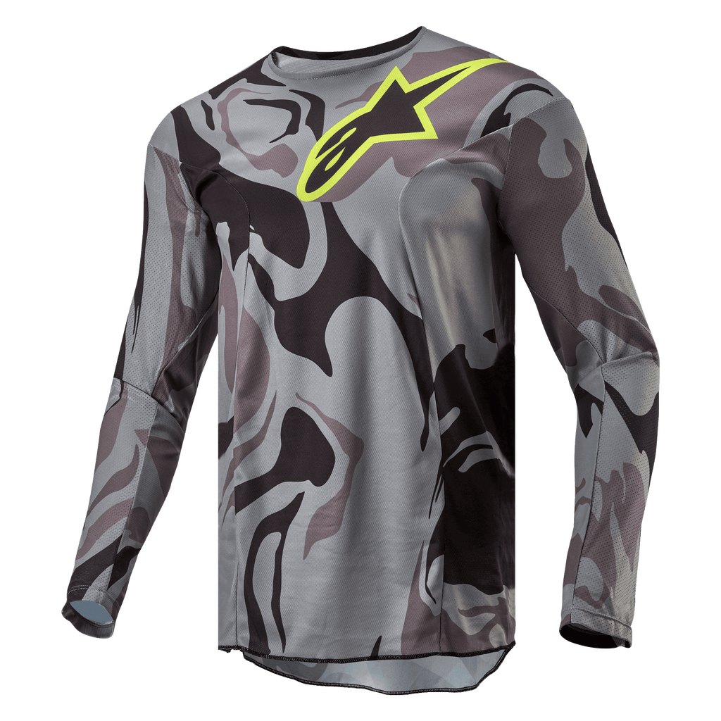 Alpinestars 2024 Racer Tactical Jersey, koszulka motocrossowa, Cast Gray Camo Magnet, szaro-czarny wzór kamuflażu z jaskrawożółtym logo Alpinestars na piersi, długie rękawy, wyczynowa odzież do jazdy terenowej