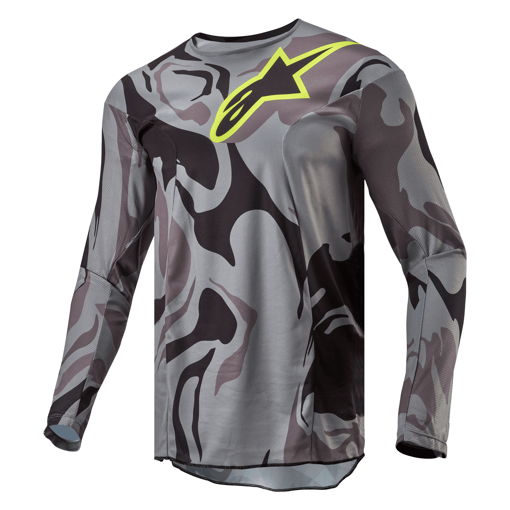 Alpinestars 2024 Racer Tactical Jersey, koszulka motocrossowa, Cast Gray Camo Magnet, szaro-czarny wzór kamuflażu z jaskrawożółtym logo Alpinestars na piersi, długie rękawy, wyczynowa odzież do jazdy terenowej