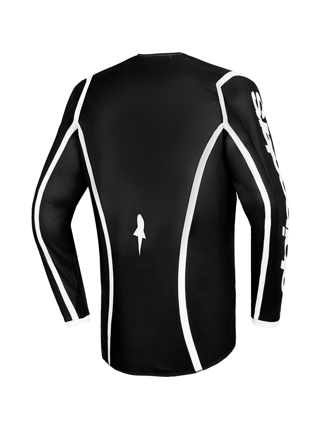 Alpinestars 2026 Fluid Apex Jersey, koszulka motocrossowa, czarna z białymi zakrzywionymi lamówkami, widok z tyłu pokazujący ergonomiczny krój i małe białe logo, wyczynowa koszulka z długim rękawem do jazdy terenowej