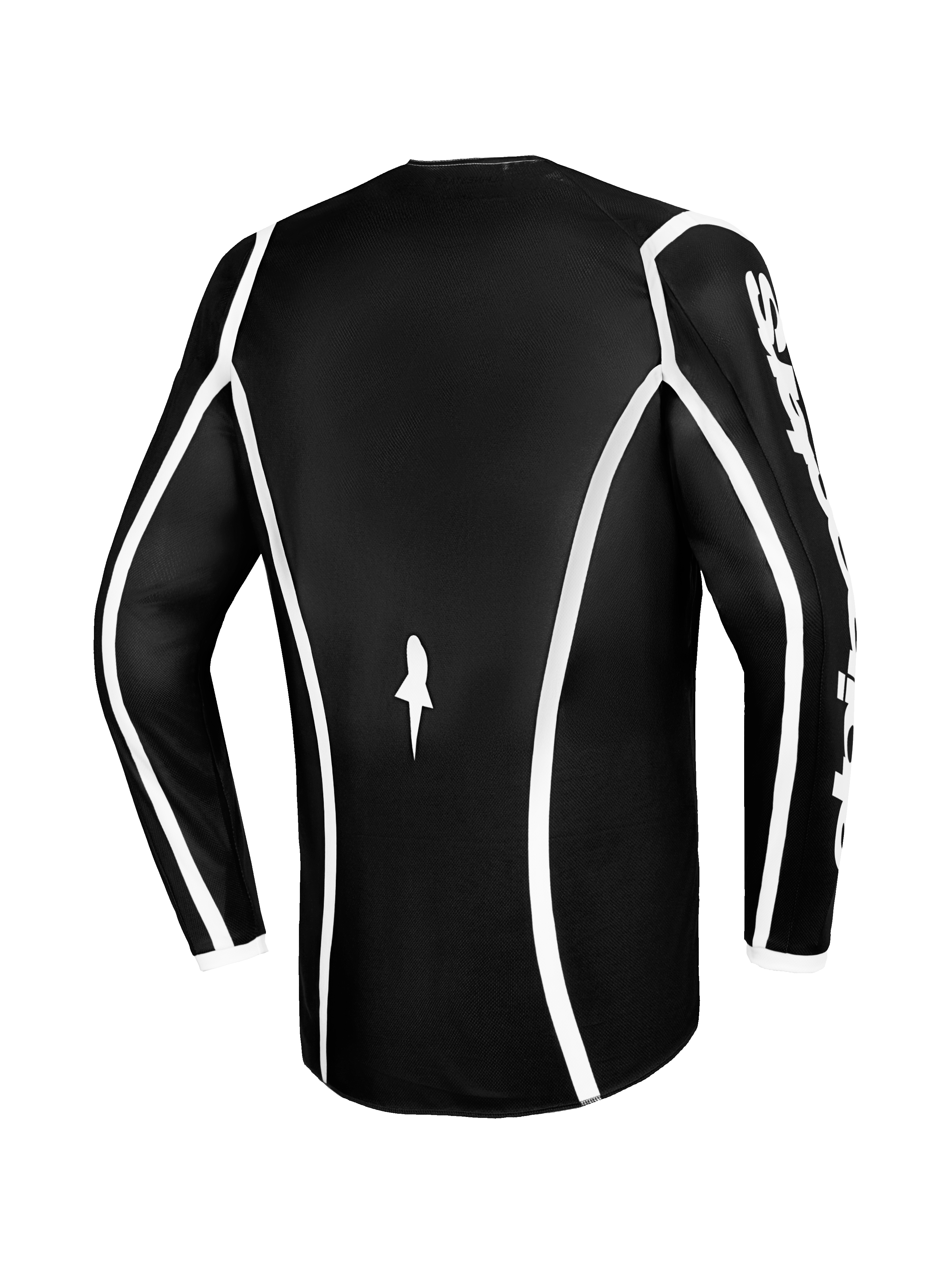 Alpinestars 2026 Fluid Apex Jersey, koszulka motocrossowa, czarna z białymi zakrzywionymi lamówkami, widok z tyłu pokazujący ergonomiczny krój i małe białe logo, wyczynowa koszulka z długim rękawem do jazdy terenowej