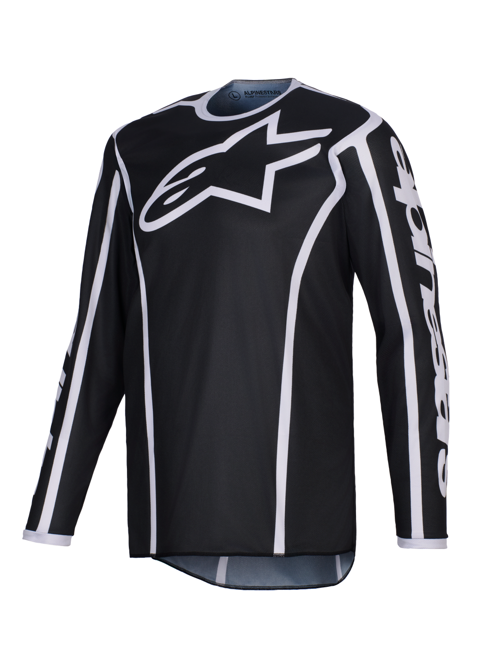 Alpinestars 2026 Fluid Apex Jersey, koszulka motocrossowa, czarna z białymi akcentami, duże białe logo na piersi, białe wykończenia wzdłuż szwów, techniczny materiał poliestrowy z długim rękawem do wyścigów off-road