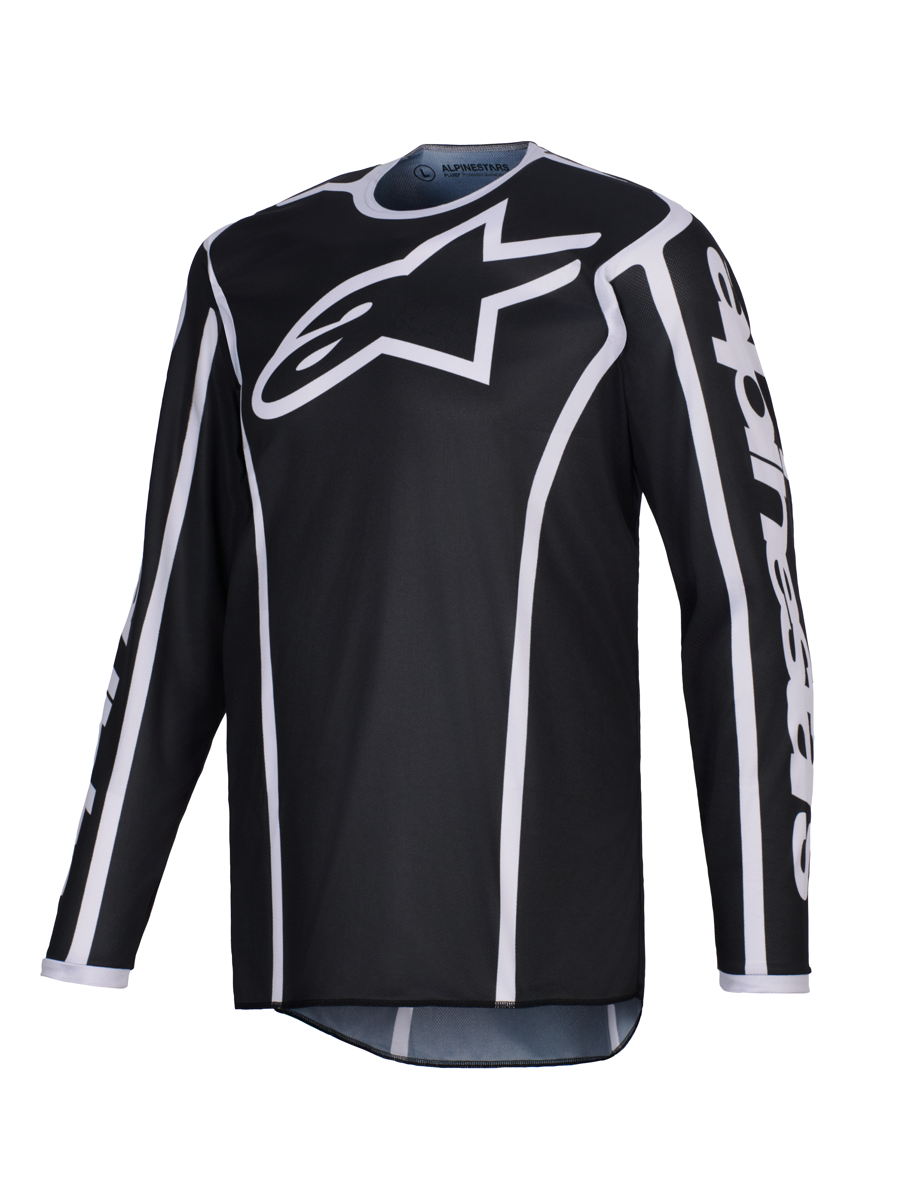 Alpinestars 2026 Fluid Apex Jersey, koszulka motocrossowa, czarna z białymi akcentami, duże białe logo na piersi, białe wykończenia wzdłuż szwów, techniczny materiał poliestrowy z długim rękawem do wyścigów off-road