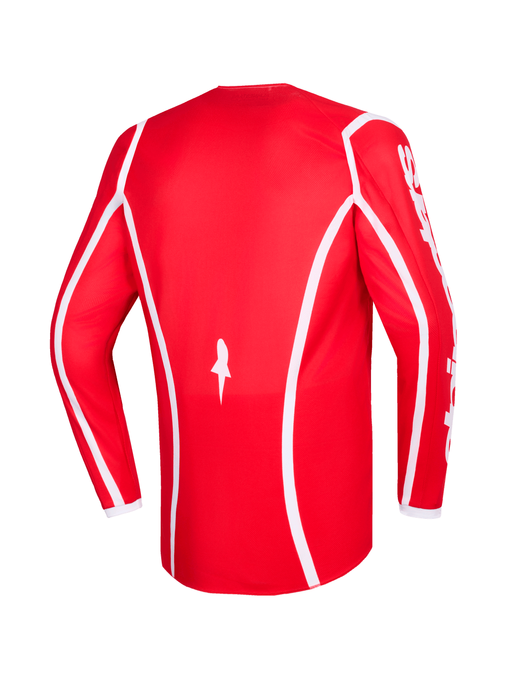 Alpinestars 2026 Fluid Apex Jersey, czerwono-biała, widok z tyłu koszulki motocrossowej z długim rękawem z białymi zakrzywionymi liniami, logo gwiazdy na dole i białym napisem Alpinestars na rękawach, przeznaczona do wyścigów terenowych