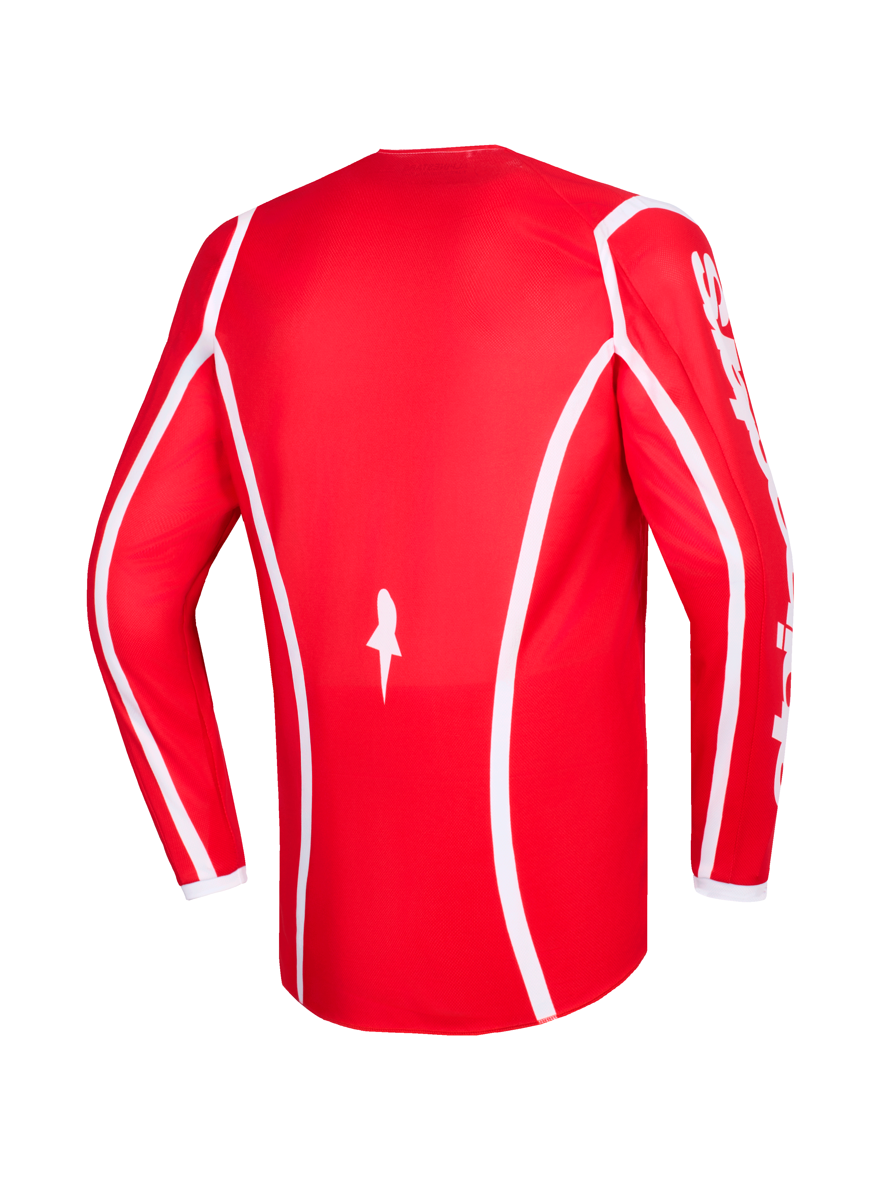 Alpinestars 2026 Fluid Apex Jersey, czerwono-biała, widok z tyłu koszulki motocrossowej z długim rękawem z białymi zakrzywionymi liniami, logo gwiazdy na dole i białym napisem Alpinestars na rękawach, przeznaczona do wyścigów terenowych