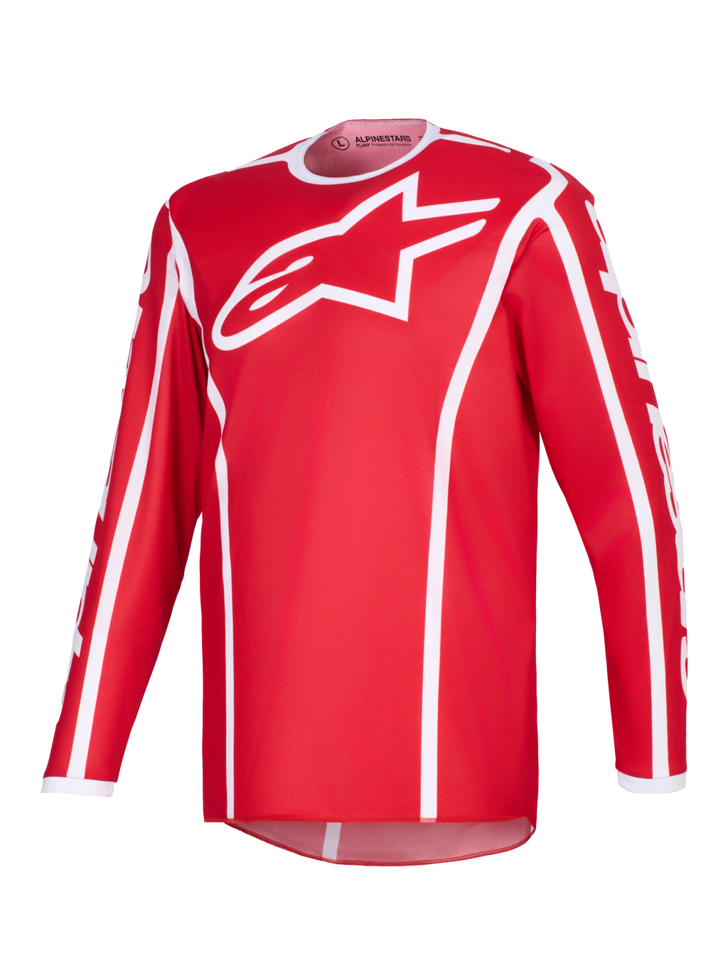 Alpinestars 2026 Fluid Apex Jersey, koszulka motocrossowa, czerwono-biała, duże białe logo A-star na piersi, biały sportowy kołnierzyk, pionowe lamówki i przedłużony tył dla wydajności off-road