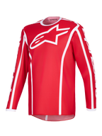 Alpinestars 2026 Fluid Apex Jersey, koszulka motocrossowa, czerwono-biała, duże białe logo A-star na piersi, biały sportowy kołnierzyk, pionowe lamówki i przedłużony tył dla wydajności off-road