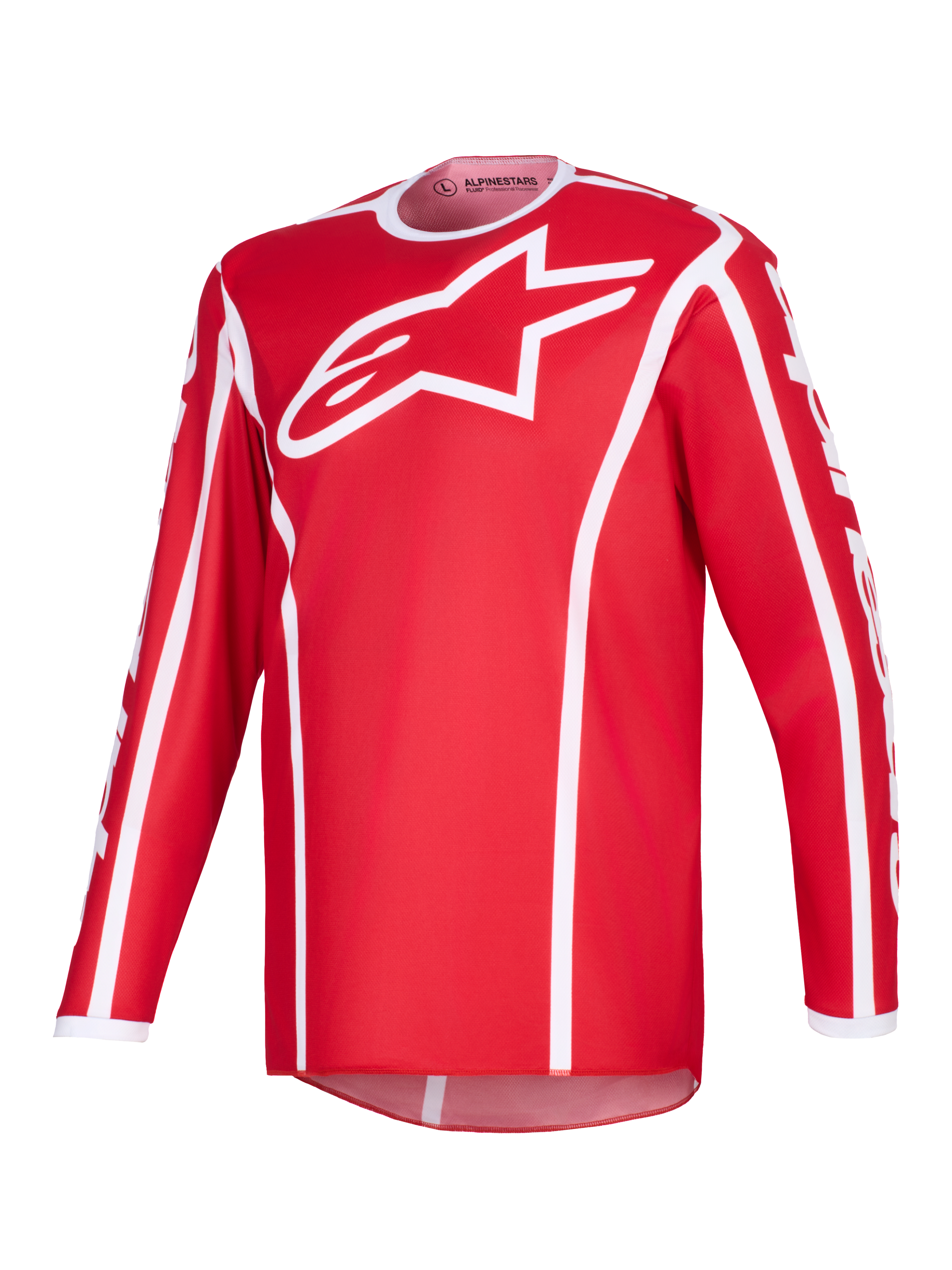 Alpinestars 2026 Fluid Apex Jersey, koszulka motocrossowa, czerwono-biała, duże białe logo A-star na piersi, biały sportowy kołnierzyk, pionowe lamówki i przedłużony tył dla wydajności off-road