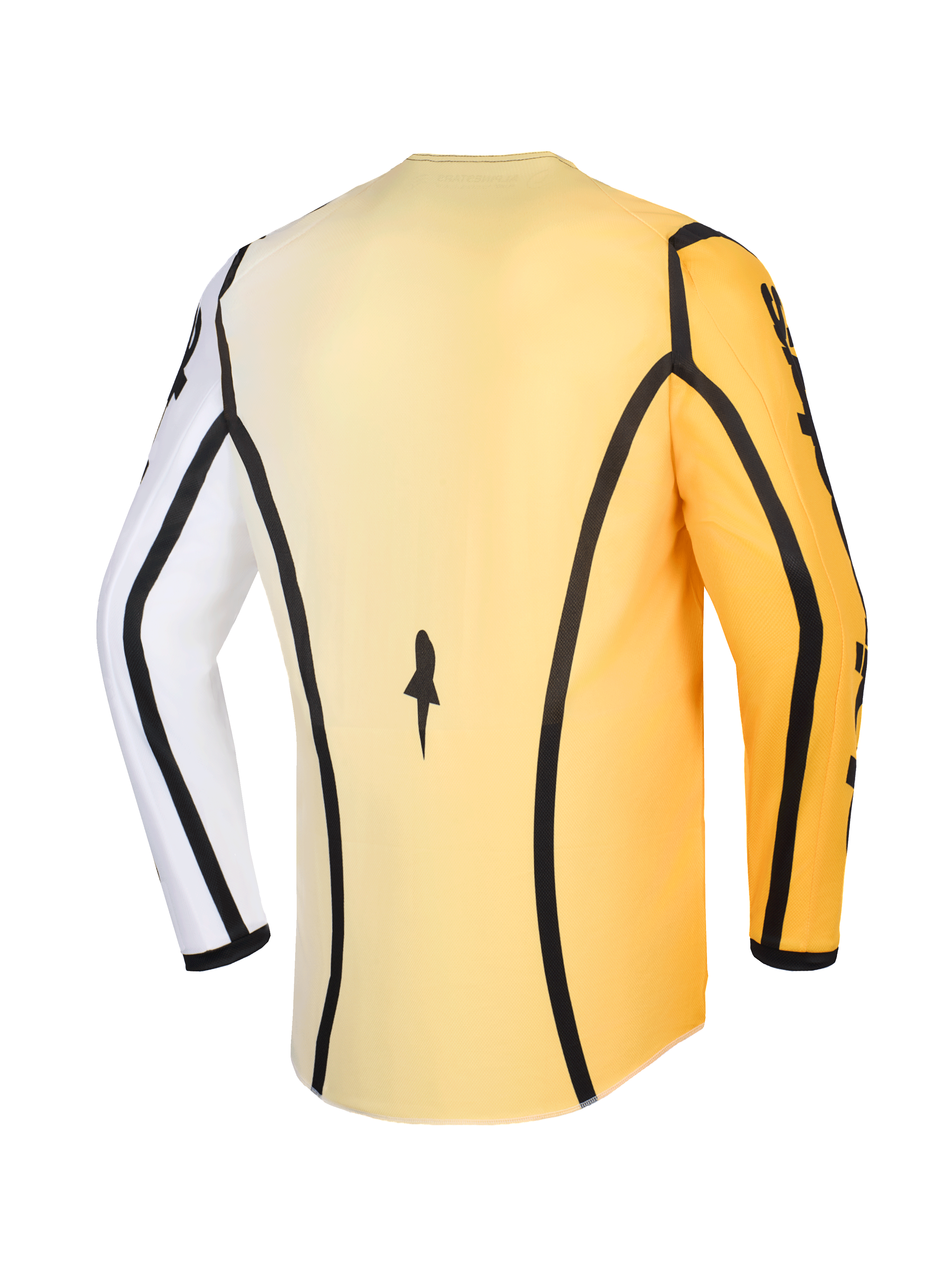 Alpinestars 2026 Fluid Apex Jersey, koszulka motocrossowa, żółto-biało-czarna, widok z tyłu z czarnymi akcentami lamówek, jeden biały i jeden żółty rękaw, przedłużony tył dla lepszej osłony podczas jazdy off-road