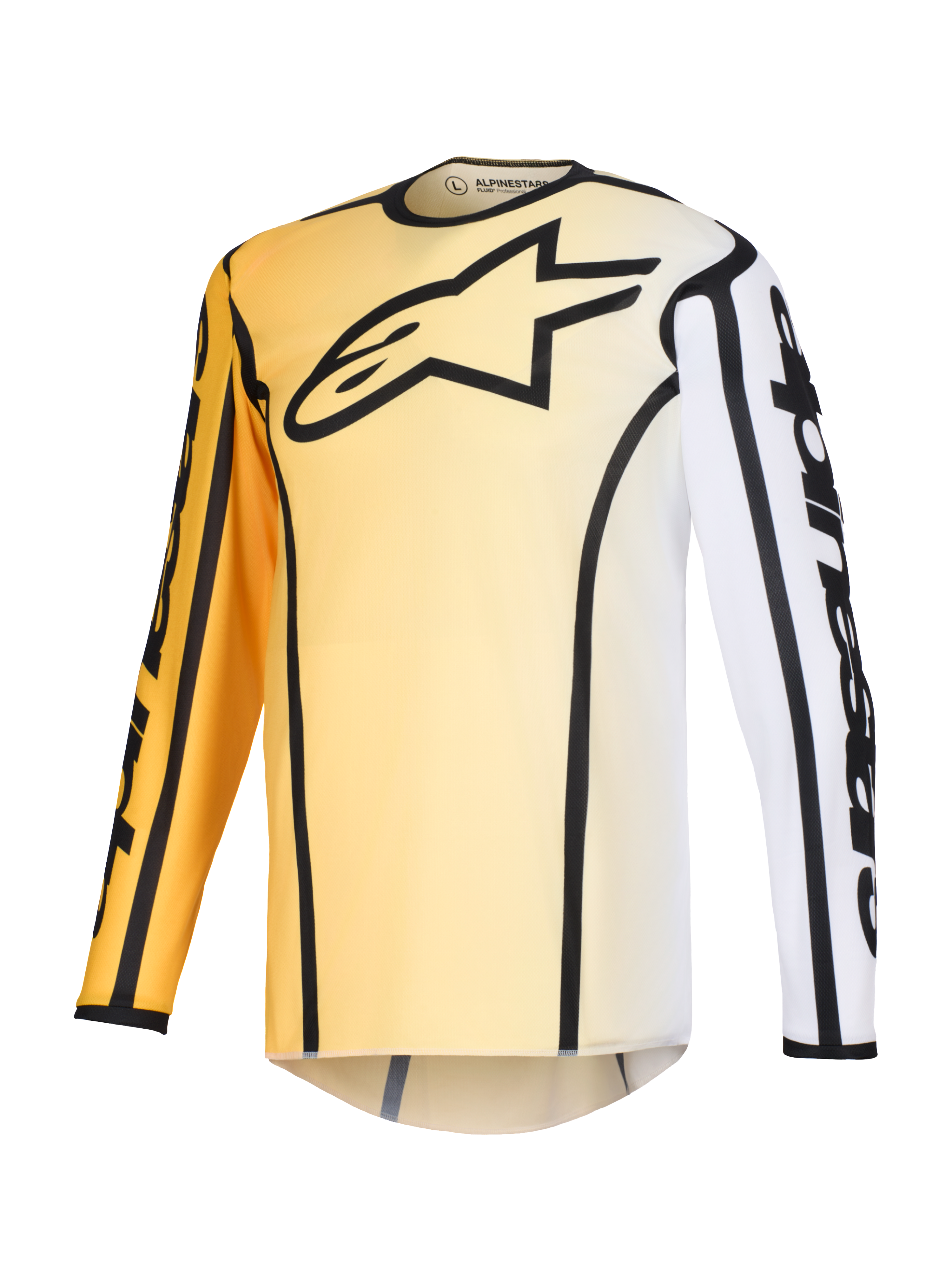 Alpinestars 2026 Fluid Apex Jersey, koszulka motocrossowa, żółto-biały gradient z czarnymi akcentami, duże czarne logo z gwiazdą na piersi, wyraźne czarne kontury wzdłuż szwów, branding Alpinestars na rękawach, techniczna koszulka z długim rękawem do jazdy terenowej