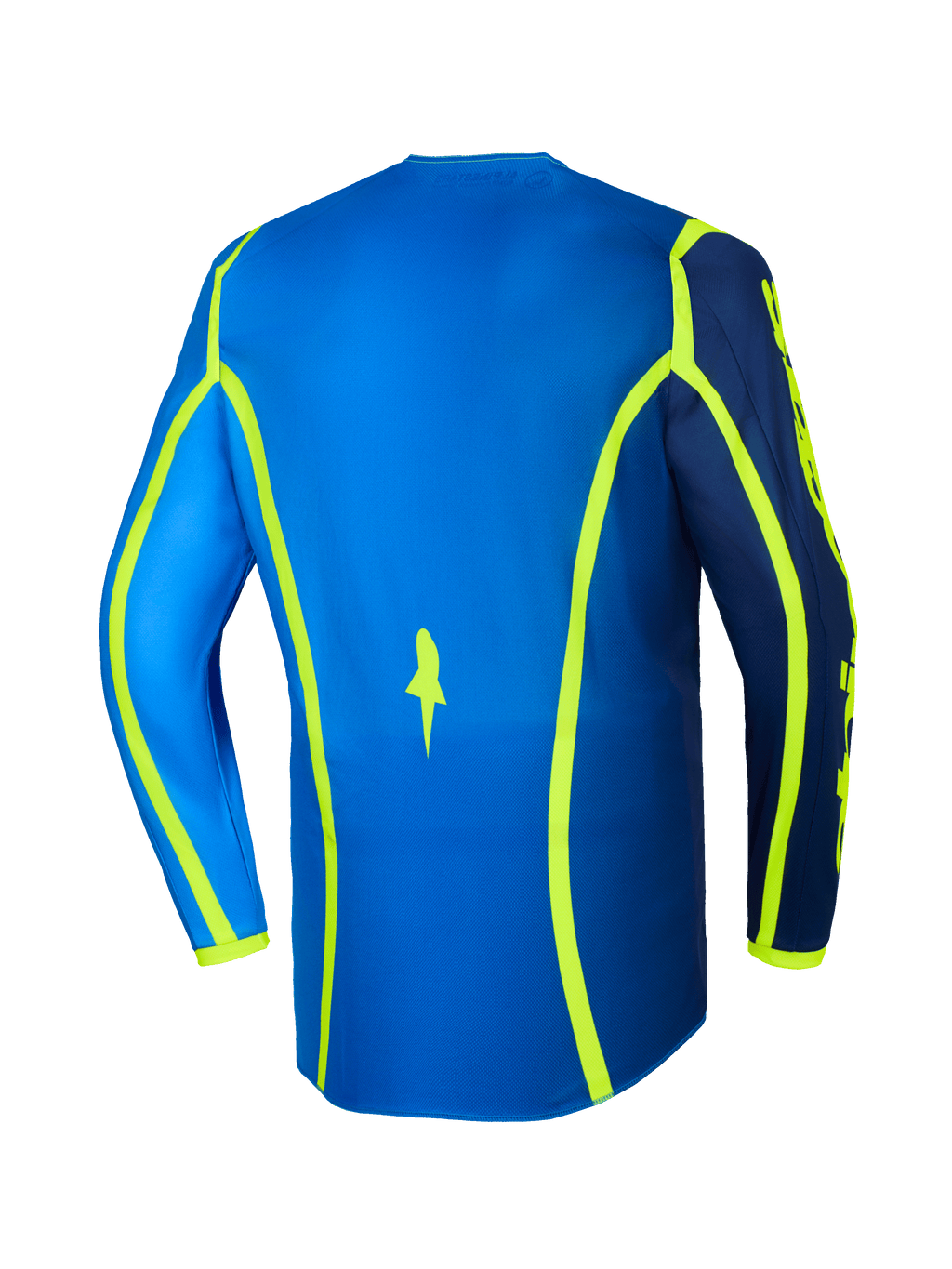 Alpinestars 2026 Fluid Apex Jersey, koszulka motocrossowa, niebieska i żółta neonowa, widok z tyłu z neonowożółtymi liniami graficznymi i przedłużonym tyłem, lekka i oddychająca odzież off-road