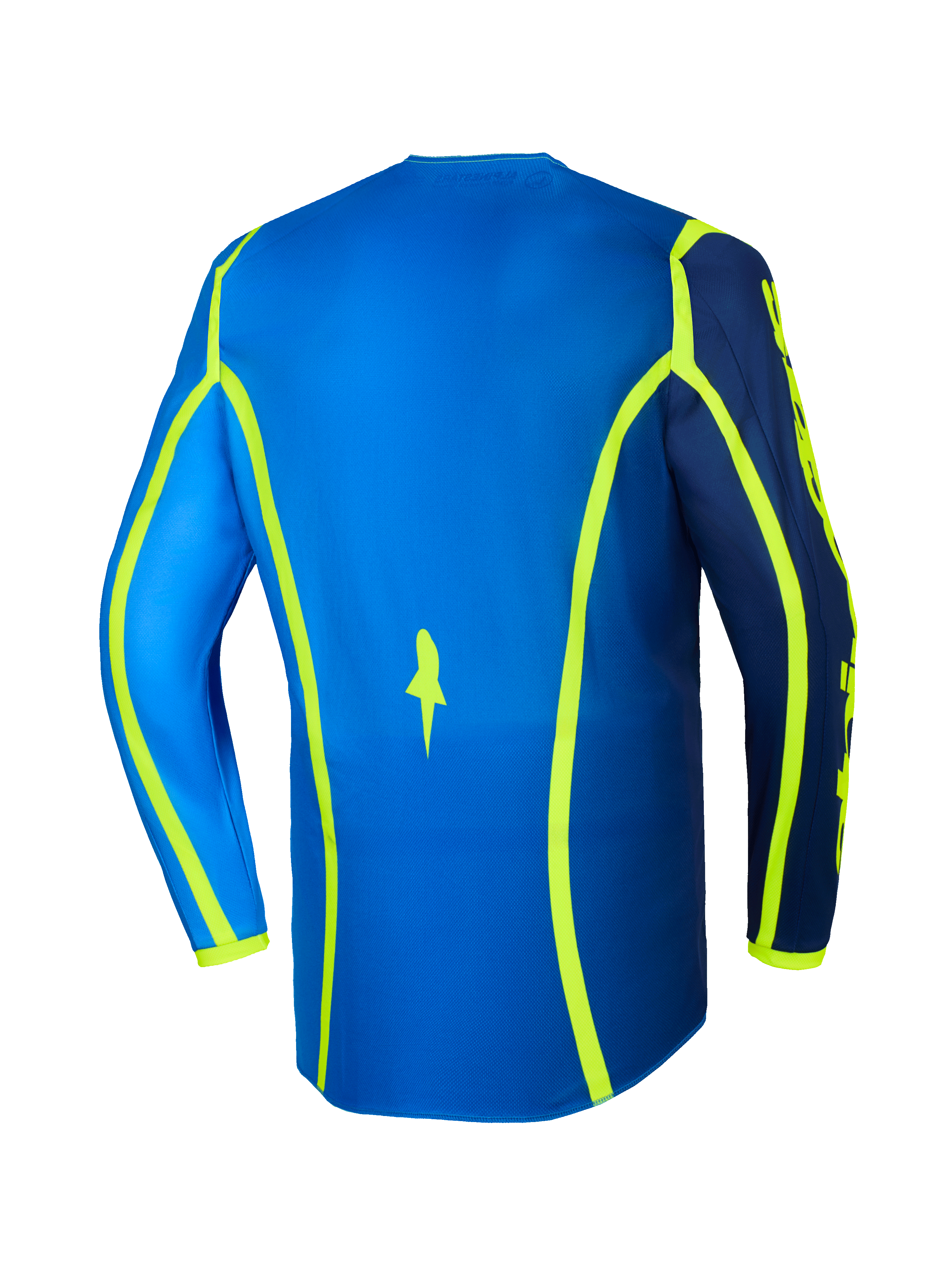 Alpinestars 2026 Fluid Apex Jersey, koszulka motocrossowa, niebieska i żółta neonowa, widok z tyłu z neonowożółtymi liniami graficznymi i przedłużonym tyłem, lekka i oddychająca odzież off-road
