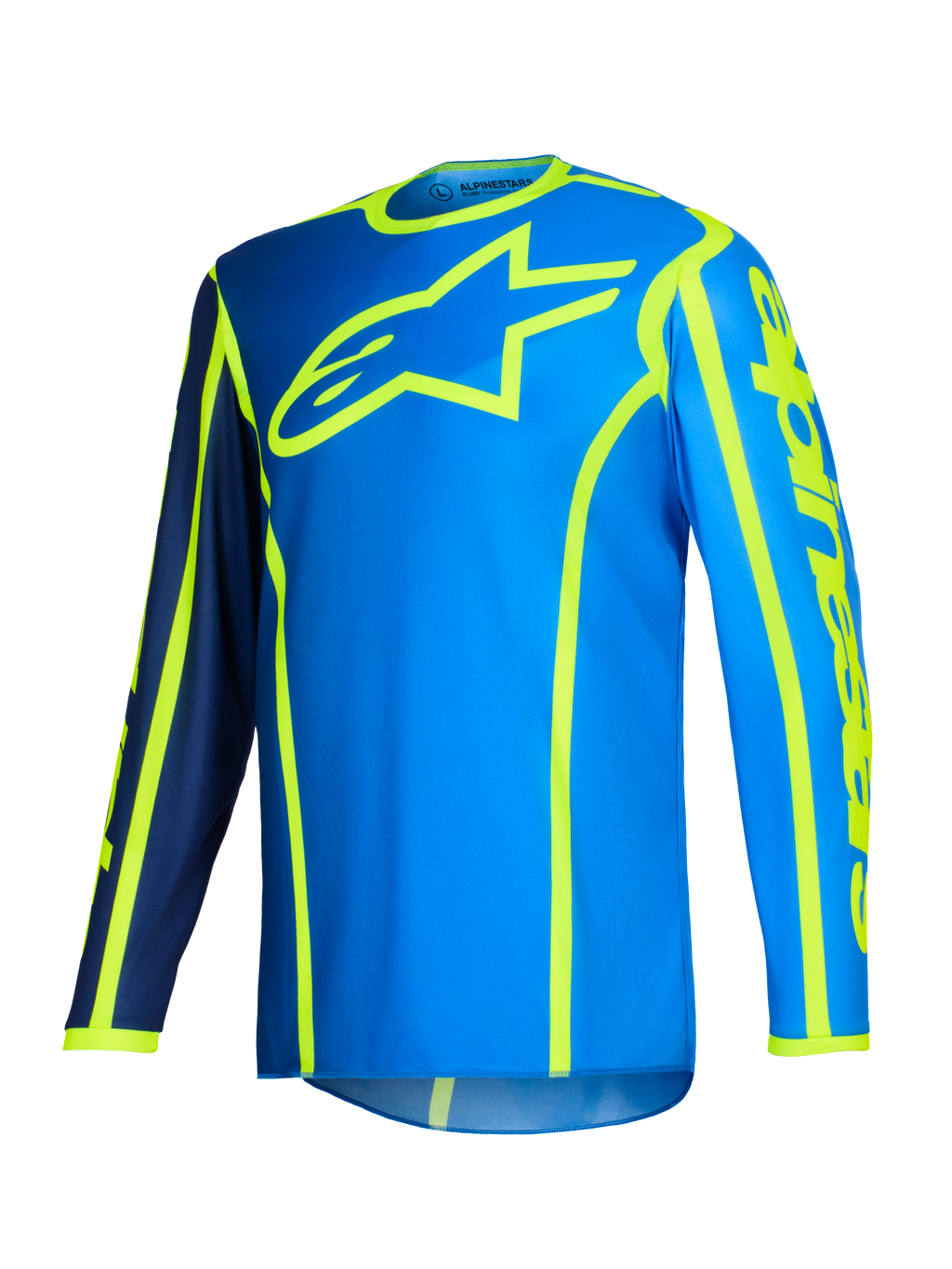 Alpinestars 2026 Fluid Apex Jersey, koszulka motocrossowa, niebieska i żółta fluo, duże neonowożółte logo gwiazdy na klatce piersiowej, długie rękawy z granatowymi i jasnoniebieskimi sekcjami, pionowe logo na ramieniu, sportowa odzież off-road