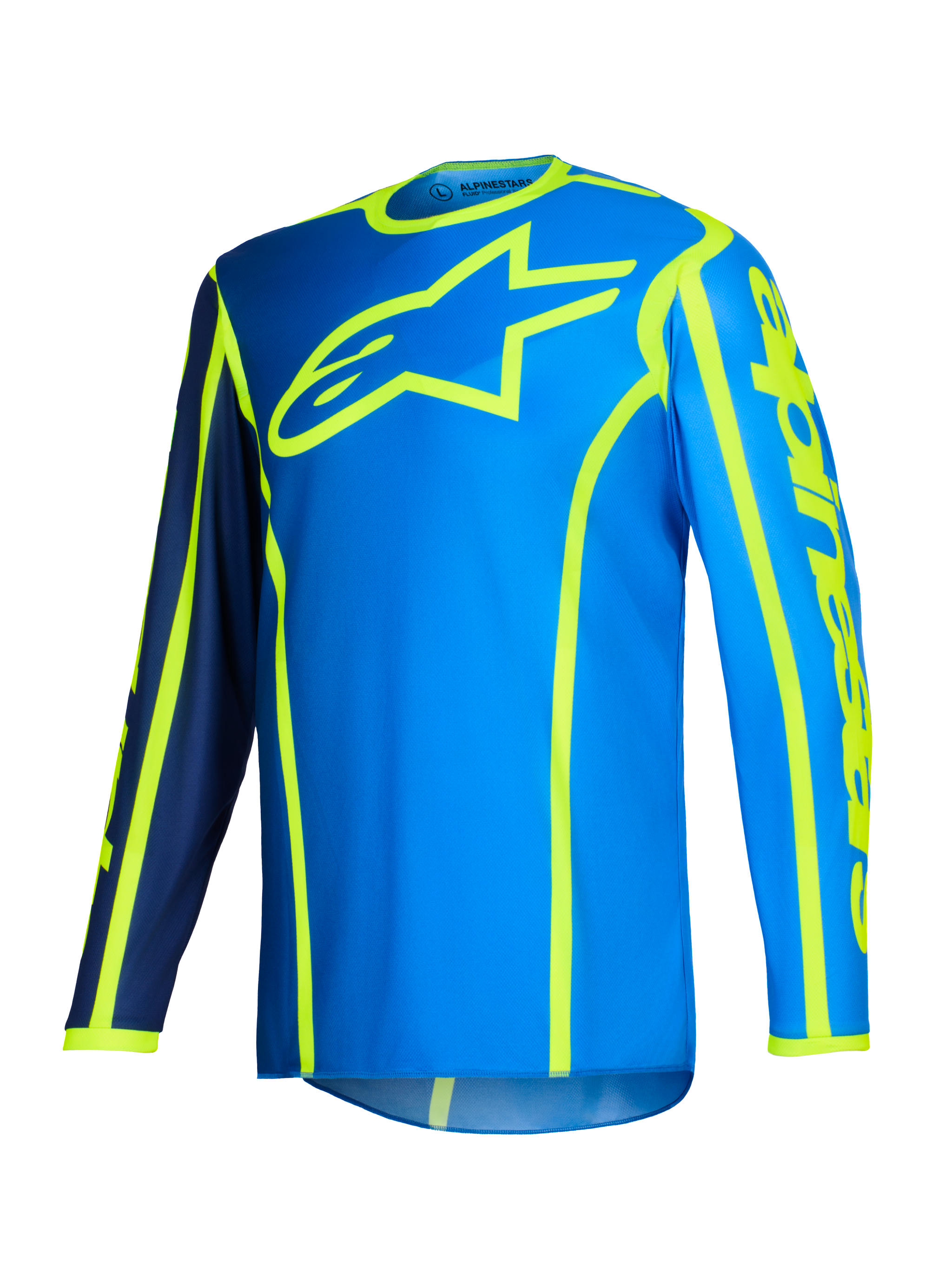 Alpinestars 2026 Fluid Apex Jersey, koszulka motocrossowa, niebieska i żółta fluo, duże neonowożółte logo gwiazdy na klatce piersiowej, długie rękawy z granatowymi i jasnoniebieskimi sekcjami, pionowe logo na ramieniu, sportowa odzież off-road