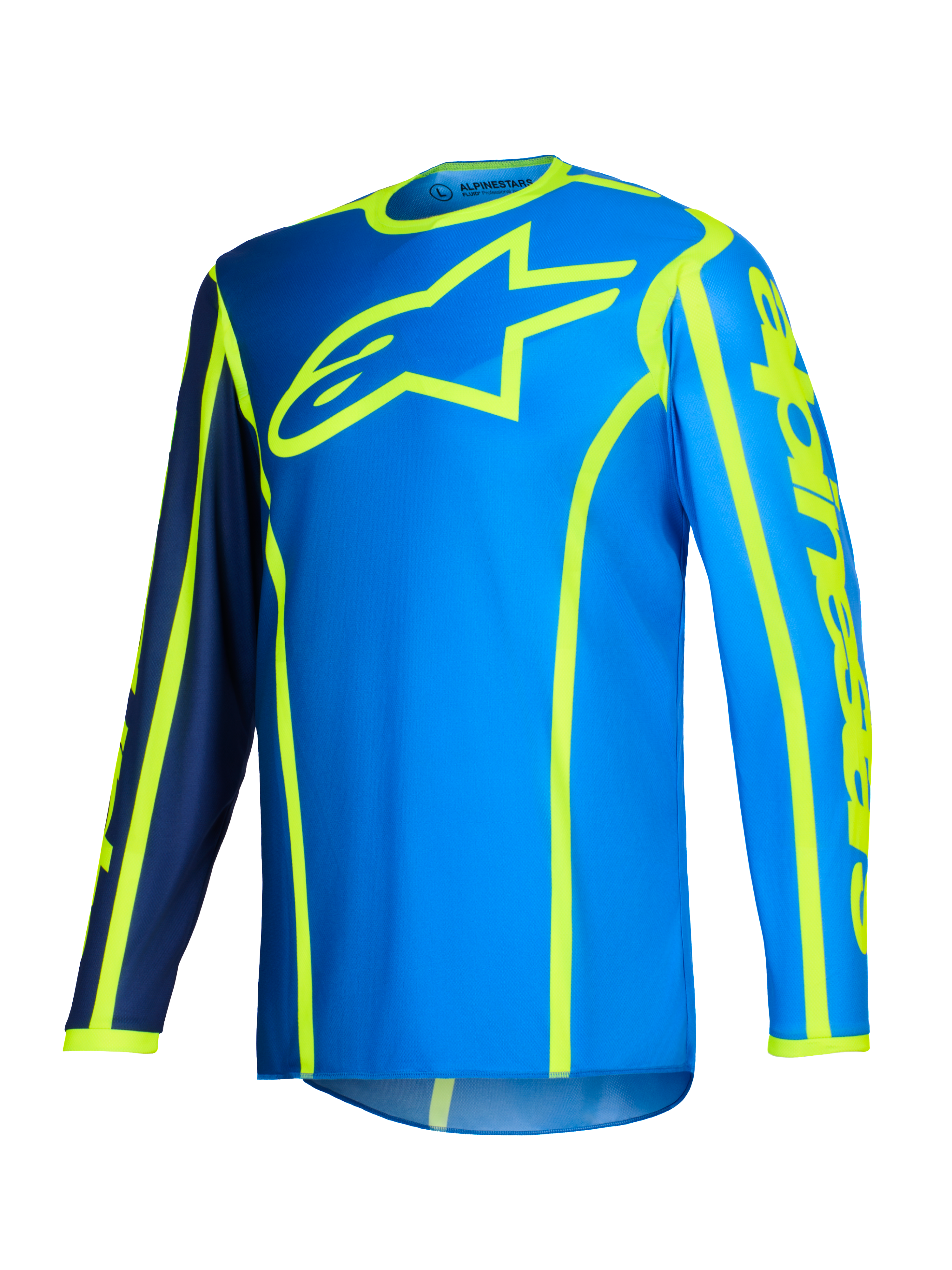Alpinestars 2026 Fluid Apex Jersey, koszulka motocrossowa, niebieska i żółta fluo, duże neonowożółte logo gwiazdy na klatce piersiowej, długie rękawy z granatowymi i jasnoniebieskimi sekcjami, pionowe logo na ramieniu, sportowa odzież off-road