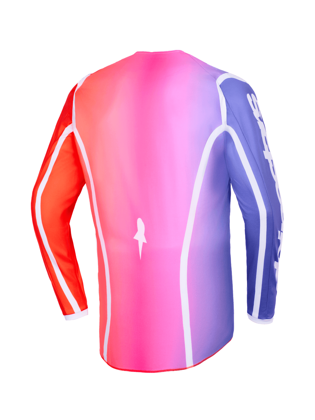 Alpinestars 2026 Fluid Apex Jersey, widok z tyłu, wielokolorowy gradient w odcieniach różu, fioletu i pomarańczu, białe zakrzywione lamówki i przedłużony tył, profesjonalna odzież motocrossowa i off-road