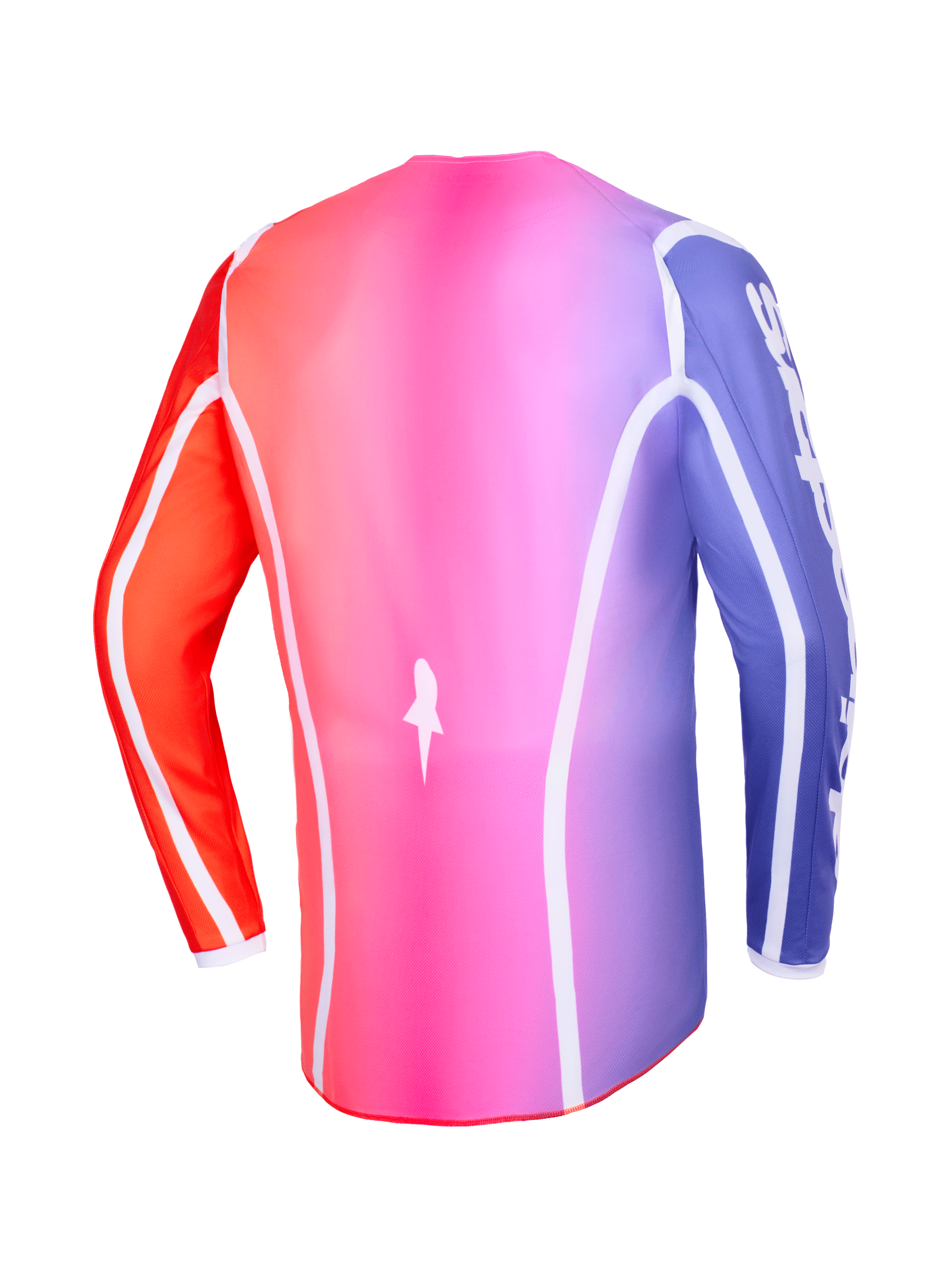 Alpinestars 2026 Fluid Apex Jersey, widok z tyłu, wielokolorowy gradient w odcieniach różu, fioletu i pomarańczu, białe zakrzywione lamówki i przedłużony tył, profesjonalna odzież motocrossowa i off-road