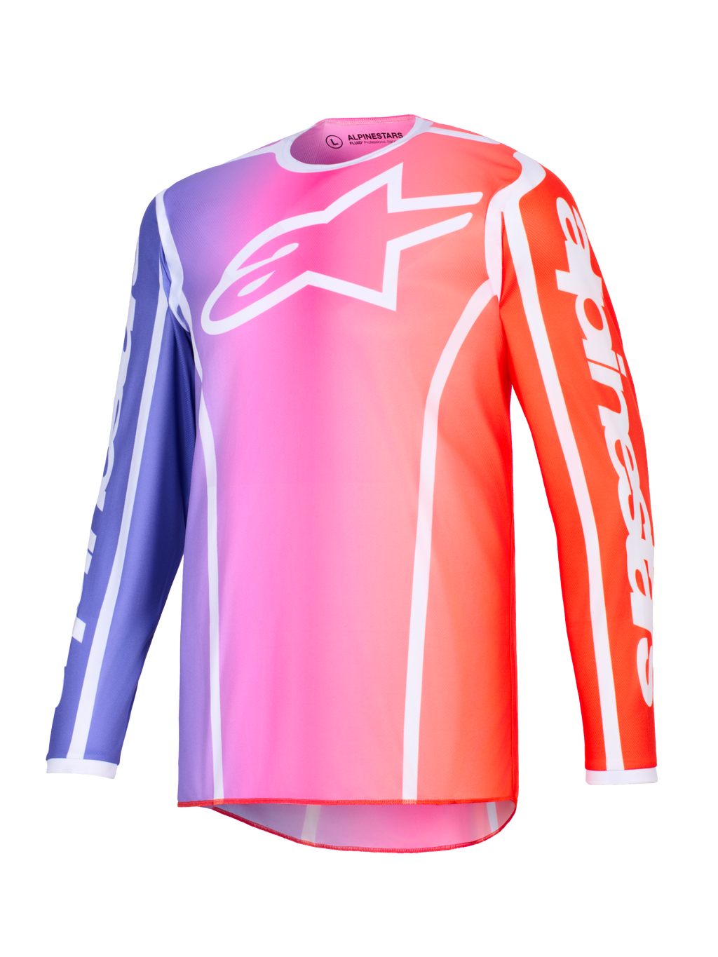 Alpinestars 2026 Fluid Apex Jersey, koszulka motocrossowa, fioletowy, różowy i pomarańczowy gradient z białymi akcentami, białe logo Astars na piersi i branding na rękawach, lekki materiał poliestrowy